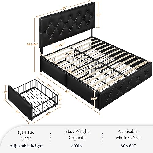 Miniatura 2 de Topeakmart Base de cama de plataforma tapizada tamaño Queen con 4 cajones de almacenamiento, 2 puertos USB integrados, cabecera ajustable, cama de