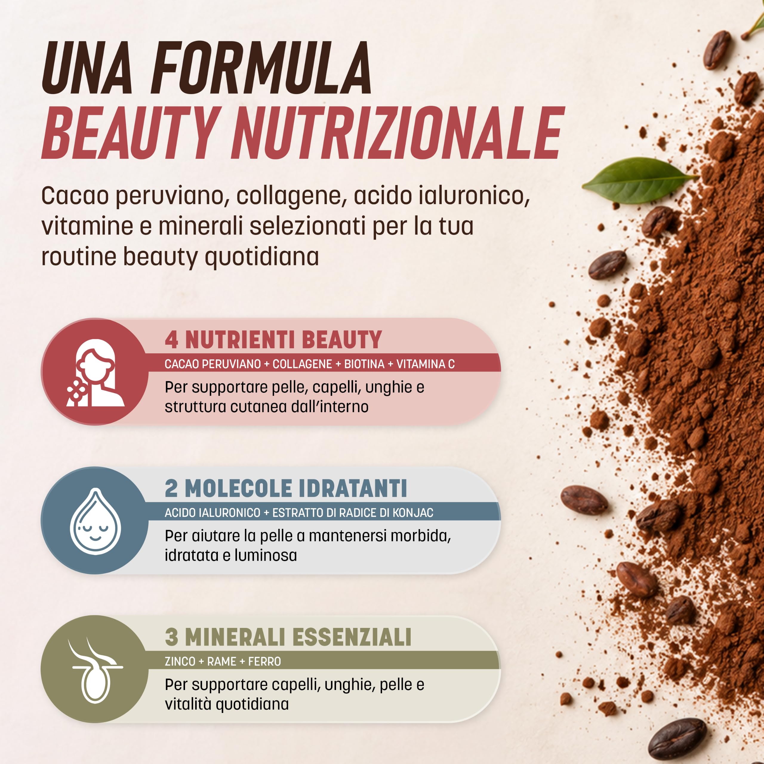 Cacao Beauty – Collagene in Polvere al Cioccolato Peruviano – Collagene Idrolizzato con Acido Ialuronico – Collagene per la Pelle del Viso, Capelli e Unghie – Senza Zucchero