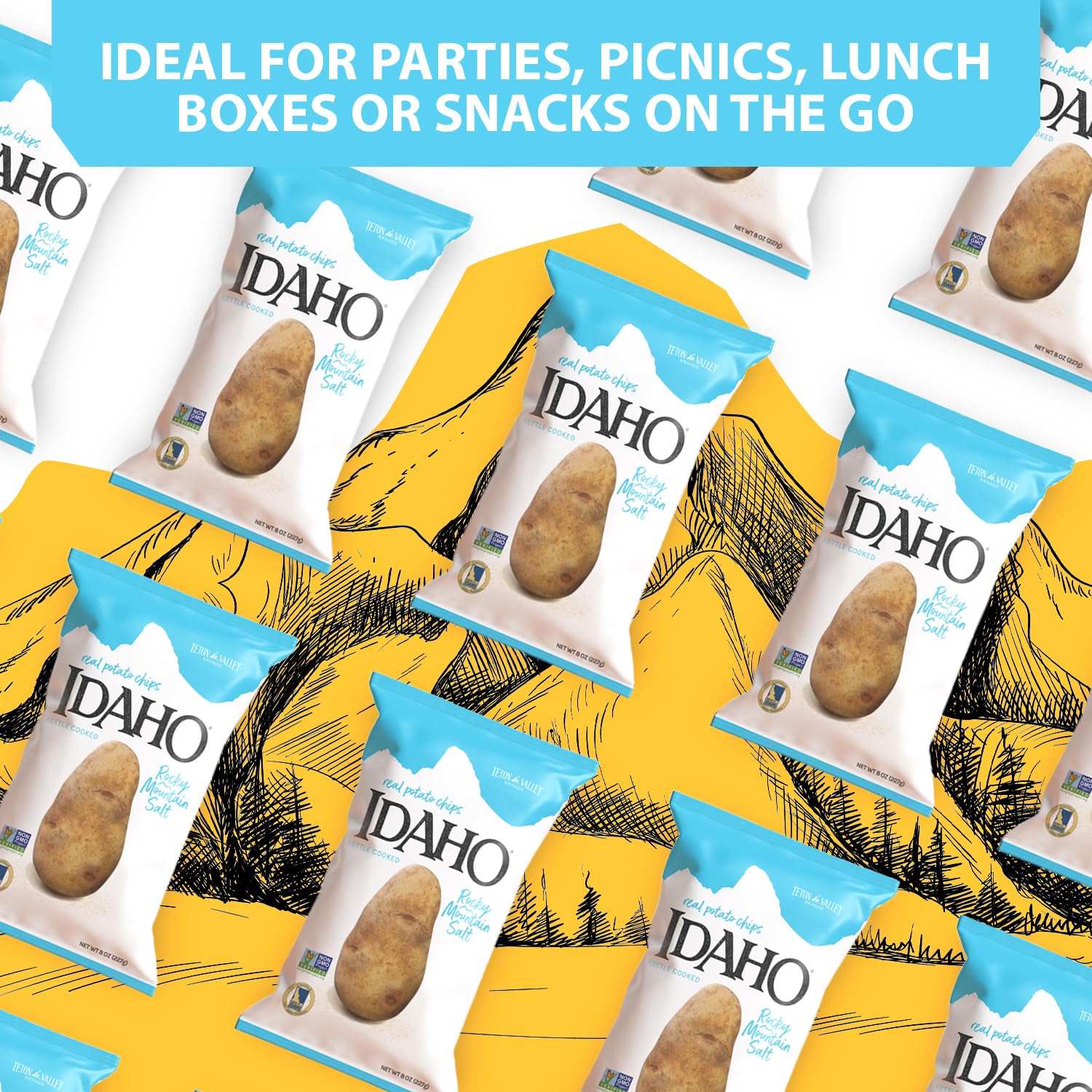 Teton Valley Brands Idaho Kettle Cooked Rocky Mountain Salt Potato Chips - Snack Chips - Non-GMO Kettle Chips - Kettle Cooked Chips - Idaho Potatoes - Variety Individual Snacks 7 Oz (6 Pack)