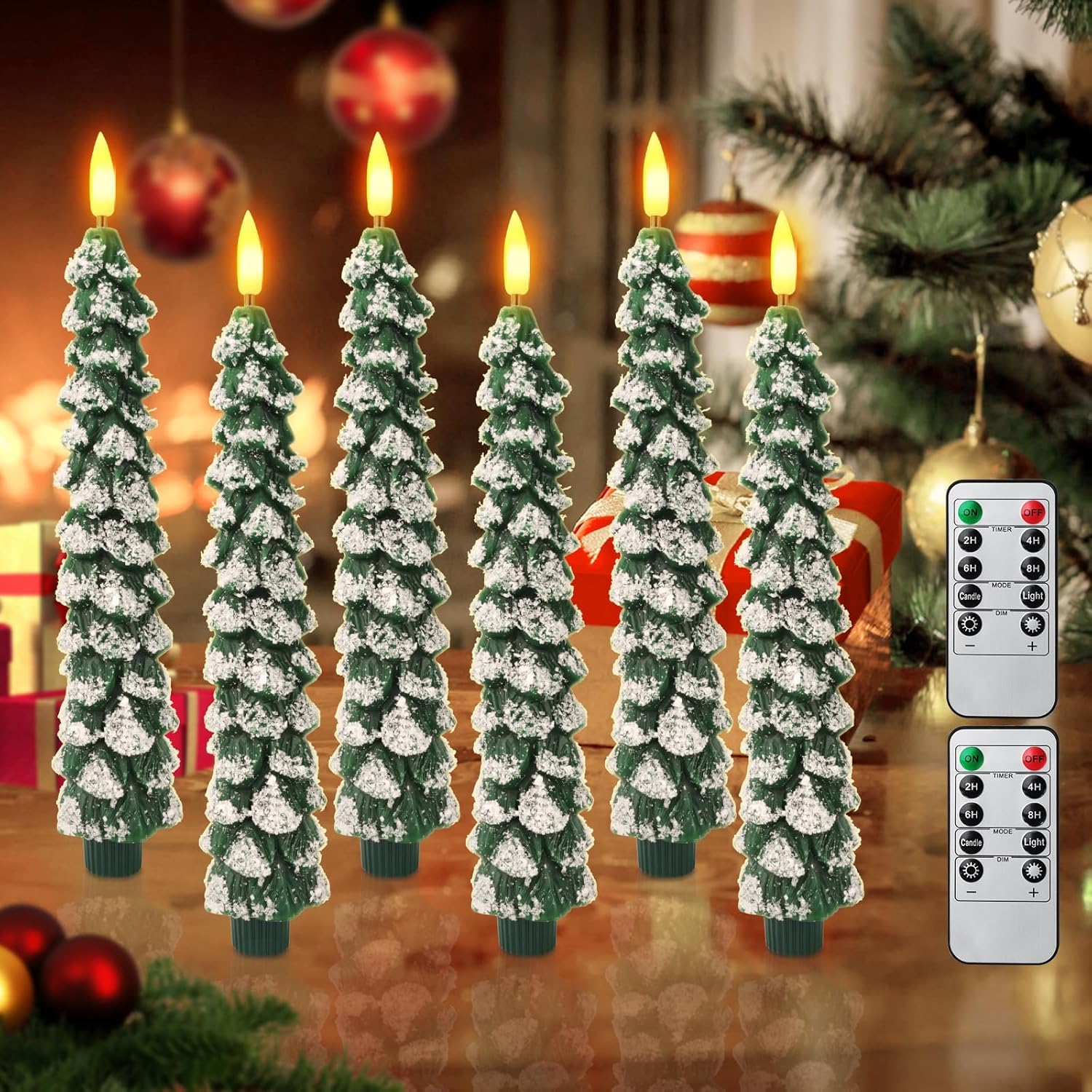6 Pack Flameless Christmas Tree Candles with Remote – Battery Operated Snowy Tree LED Candles, 3D Flickering Flame, Safe Holiday Home Decor for Christmas Decorations & Gifts 6 Pack Flameless Christmas Tree Candles with Remote – Battery Operated Snowy Tree LED Candles, 3D Flickering Flame, Safe Holiday Home Decor for Christmas Decorations & Gifts