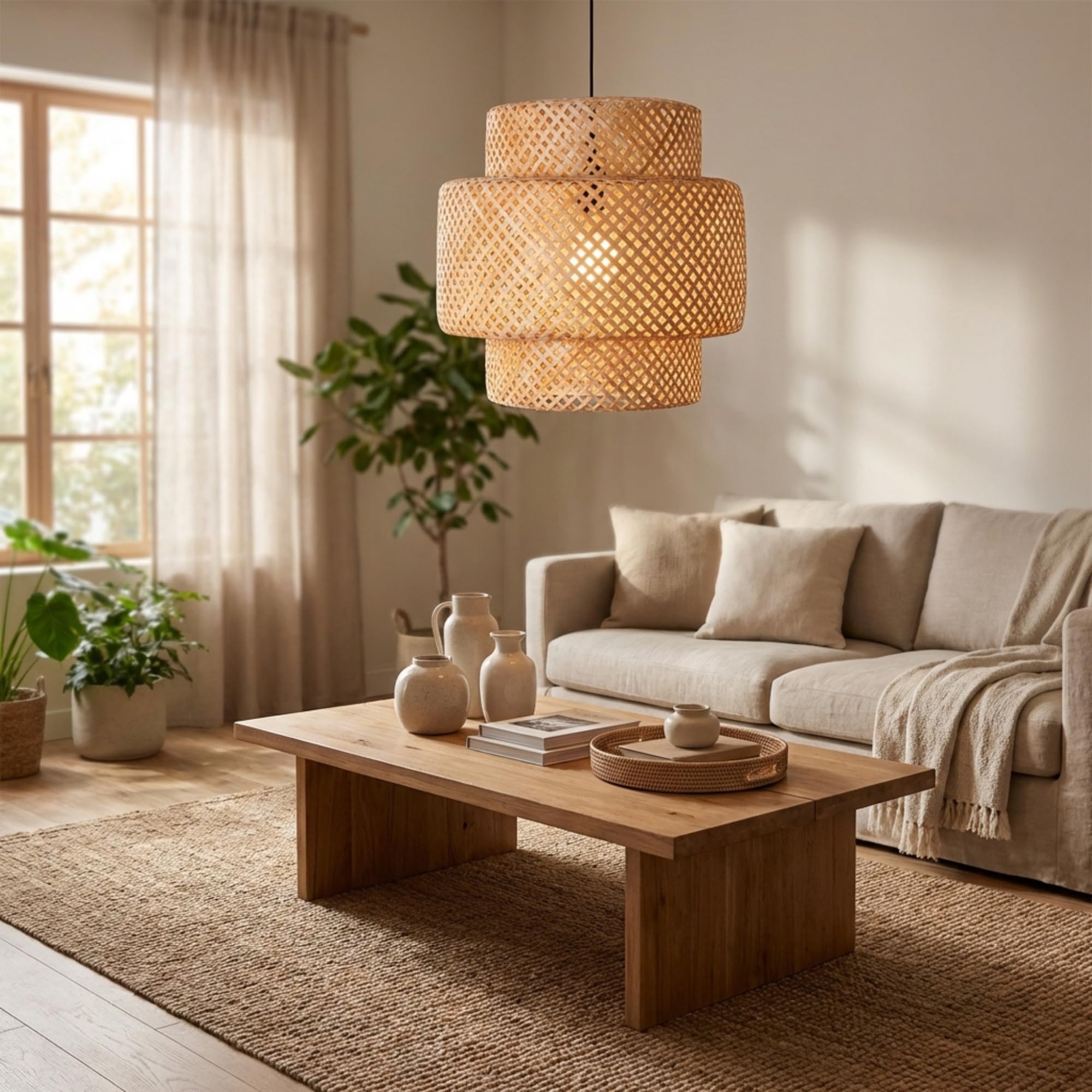 BARCELONA LED Hängelampe Onna aus natürlichem Rattan Ø40 cm. Handgefertigte Pendelleuchte im Boho Stil mit E27 Fassung bis 60W, 3 Kabel-Optionen, warmes Licht für Wohnzimmer & Esszimmer