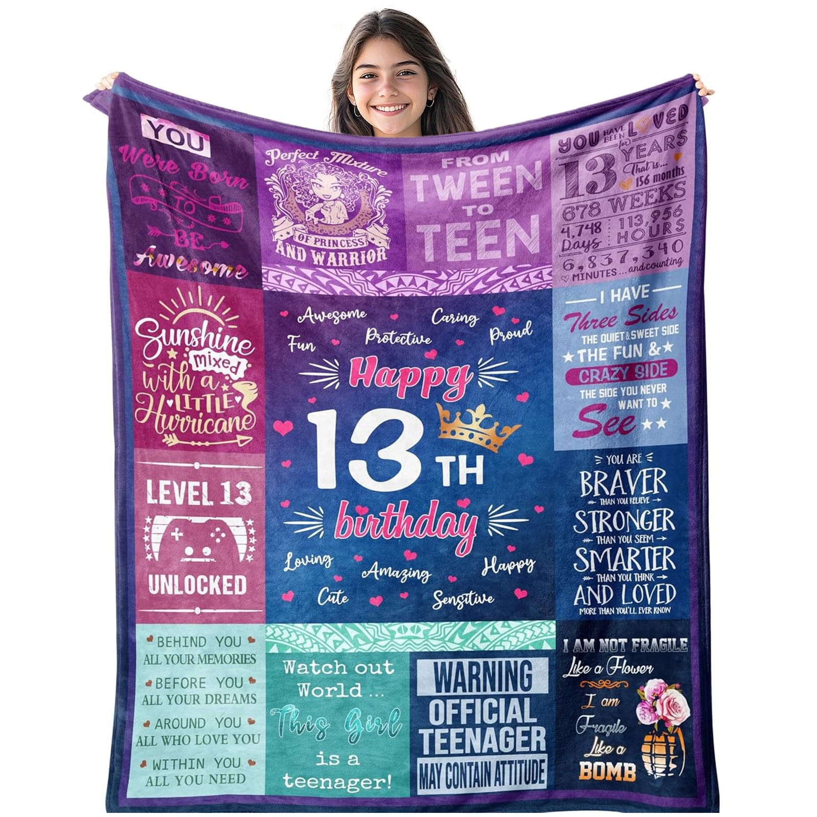 Jiusely 13th Girls Birthday Gifts - Sweet 13th Birthday Throw Blanket for Girl 150x130CM for Girl Bed Throws 150x130CM - Pratical Gift for Girls Friends Daughter Bestie Siste
