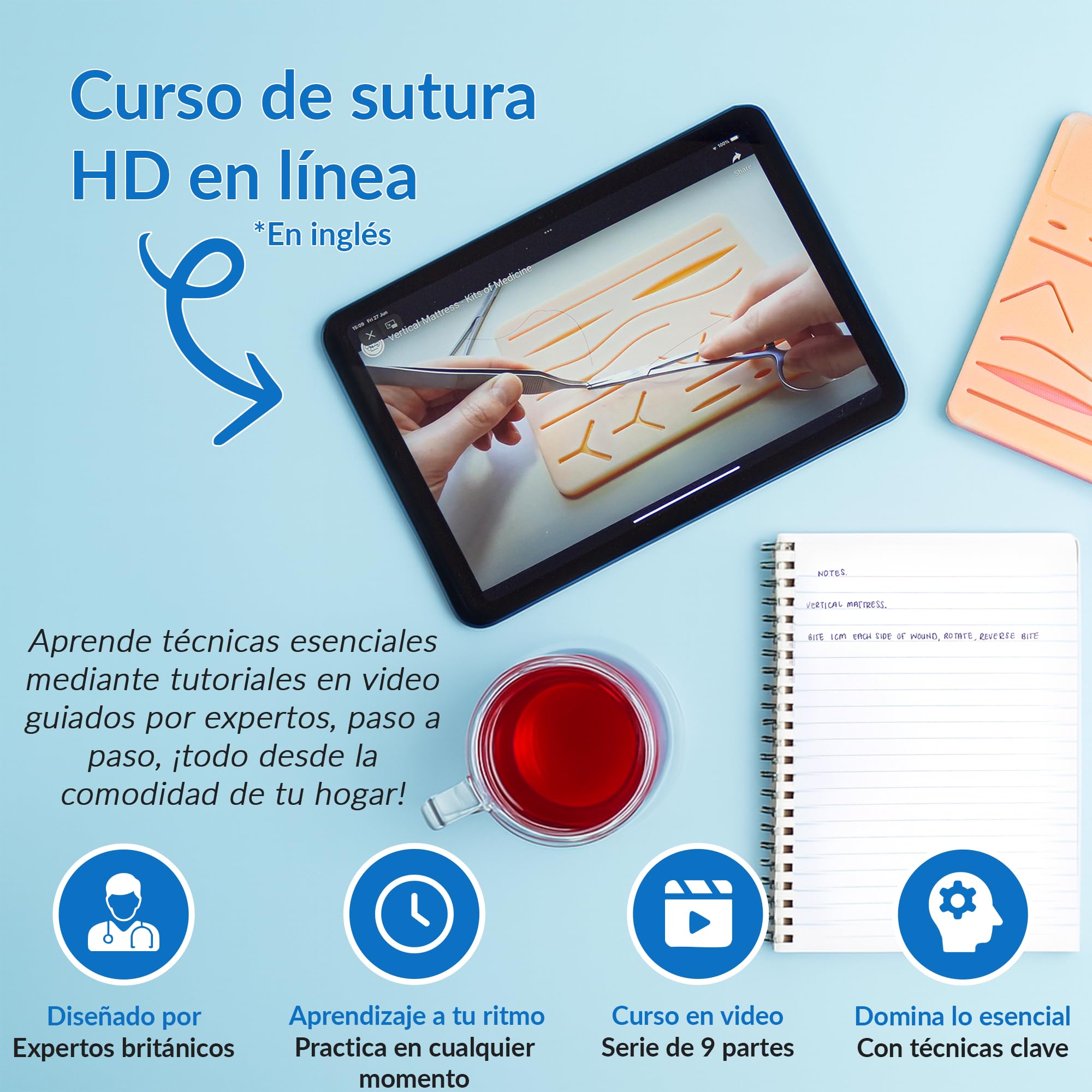 Kit de Práctica de Sutura | por Kits of Medicine | Curso de Sutura en 9 Vídeos en inglés | Kit Completo de Sutura para Prácticas de Estudiantes de Medicina, Veterinarias y Enfermería