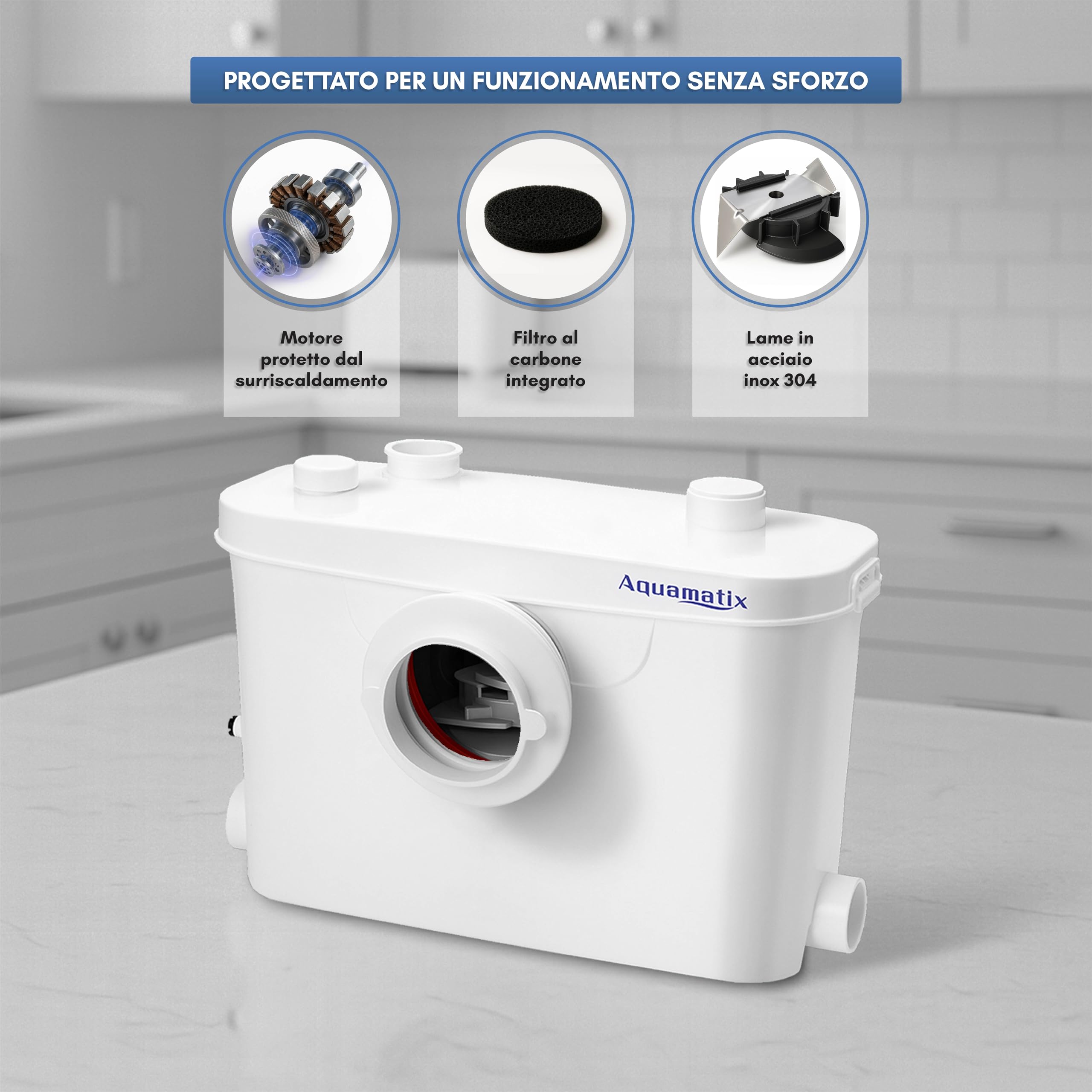 Aquamatix Trituratore Pompa Maceratore 400W Sistema di Sollevamento 100L/min 6,5m Distanza di pompaggio verticale con 3 ingressi per WC, Lavandino e Vasca da bagno con Filtro a carbone