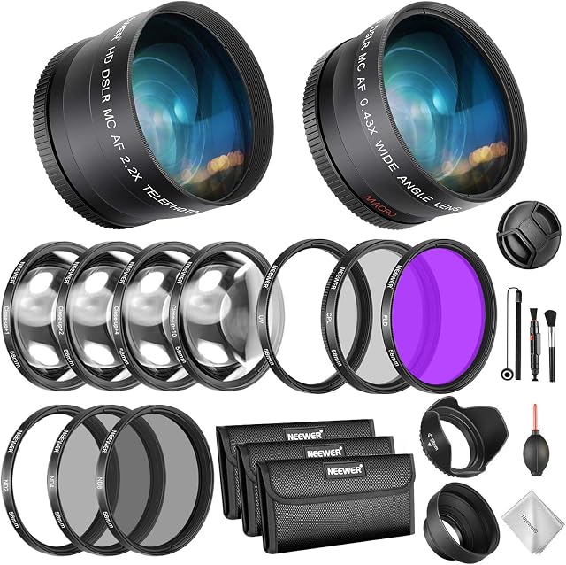 Neewer 58mm Lens and Filter Bundle: Wide Angle Lens Telephoto Lens and Filter Set (Macro ND UV CPL FLD) for Canon EOS Rebel T7i SL2 T6i T6s T5i T5 80D 77D Cameras with 58mm Lenses
