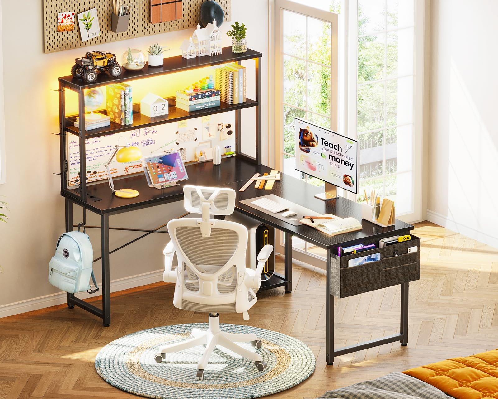 Coleshome Bureau Gaming Angle LED Prises 135x100 cm Réversible Étagères Table en L Sac Rangement Crochet Noir