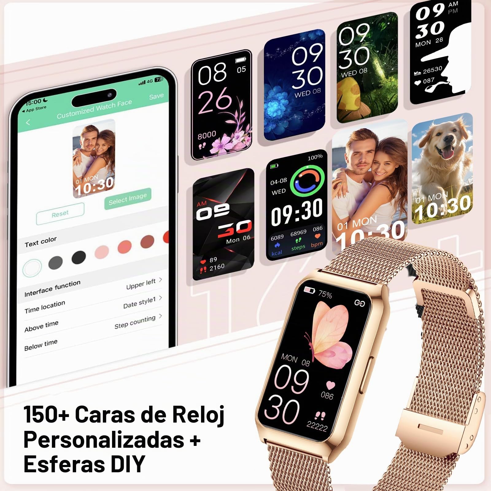 Reloj Inteligente Mujer, 1.47” HD Smartwatch con Marco de Aleación de Aluminio, Oxímetro Sueño Pulsometro, 100+ Modos Deportivos, Pulsómetro, IP68 Impermeable Smart Watches para iOS Android, 3 Correa