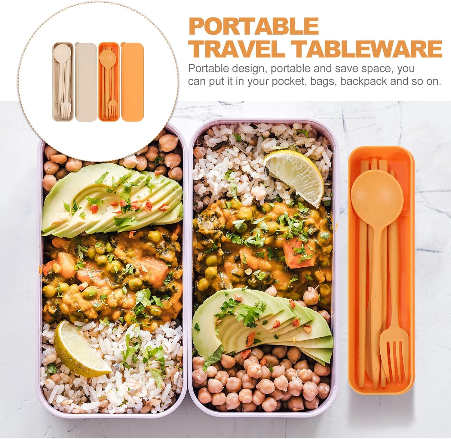 Generic Outdoor Camping Cutlery Kit 8pcs Portable Tableware Set with Fork Spoon Chopsticks Multifunctional Flatware for Travel Picnic Lunch Box, Beige and Yellow, 2 Sets