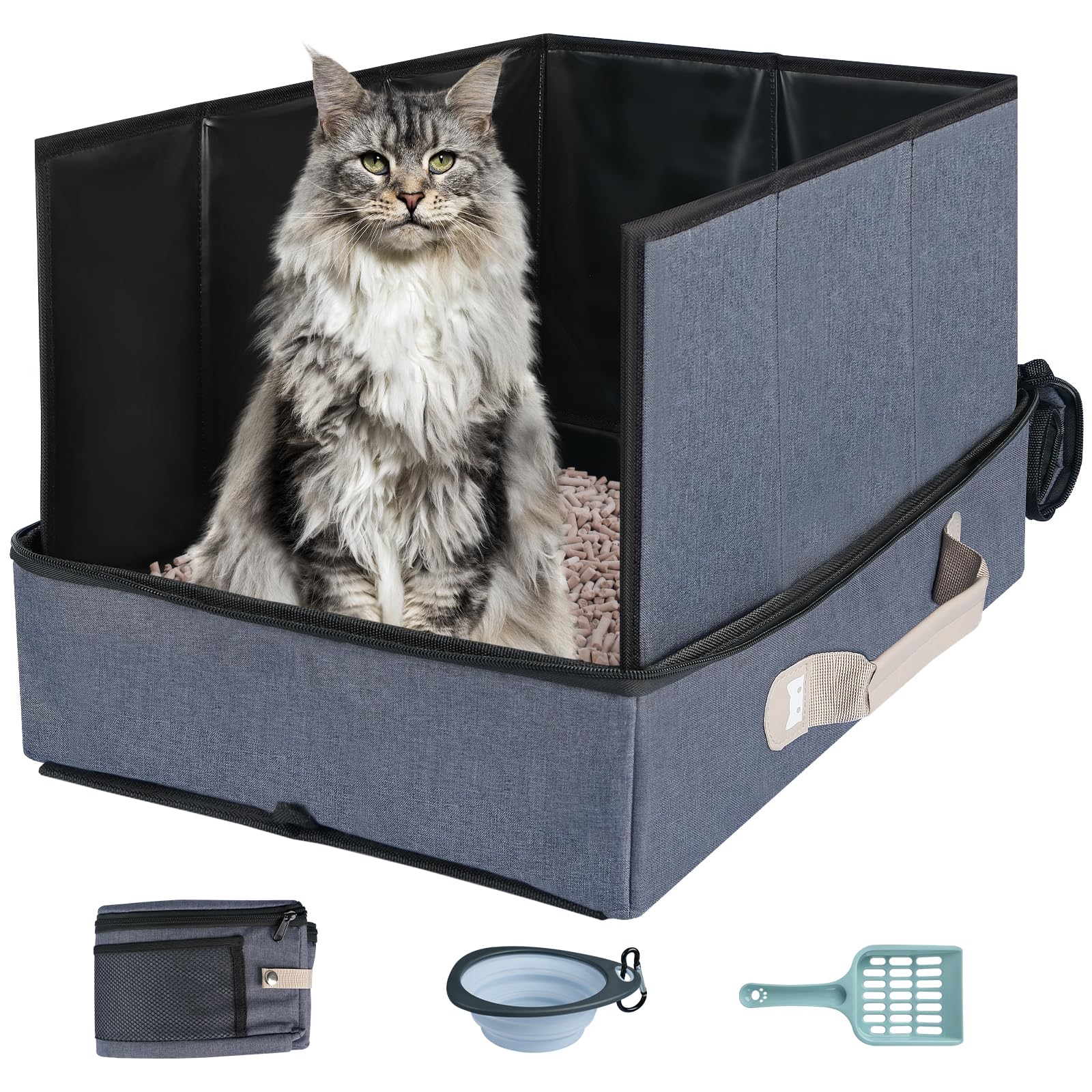 17.7 x 13.5 x 13.75 Travel Litter Box for Cats, Portable Litter Box with Pee Shield & Hard Bottom, Collapsible Cat Litter Pan for Travel, Car, Hotel,