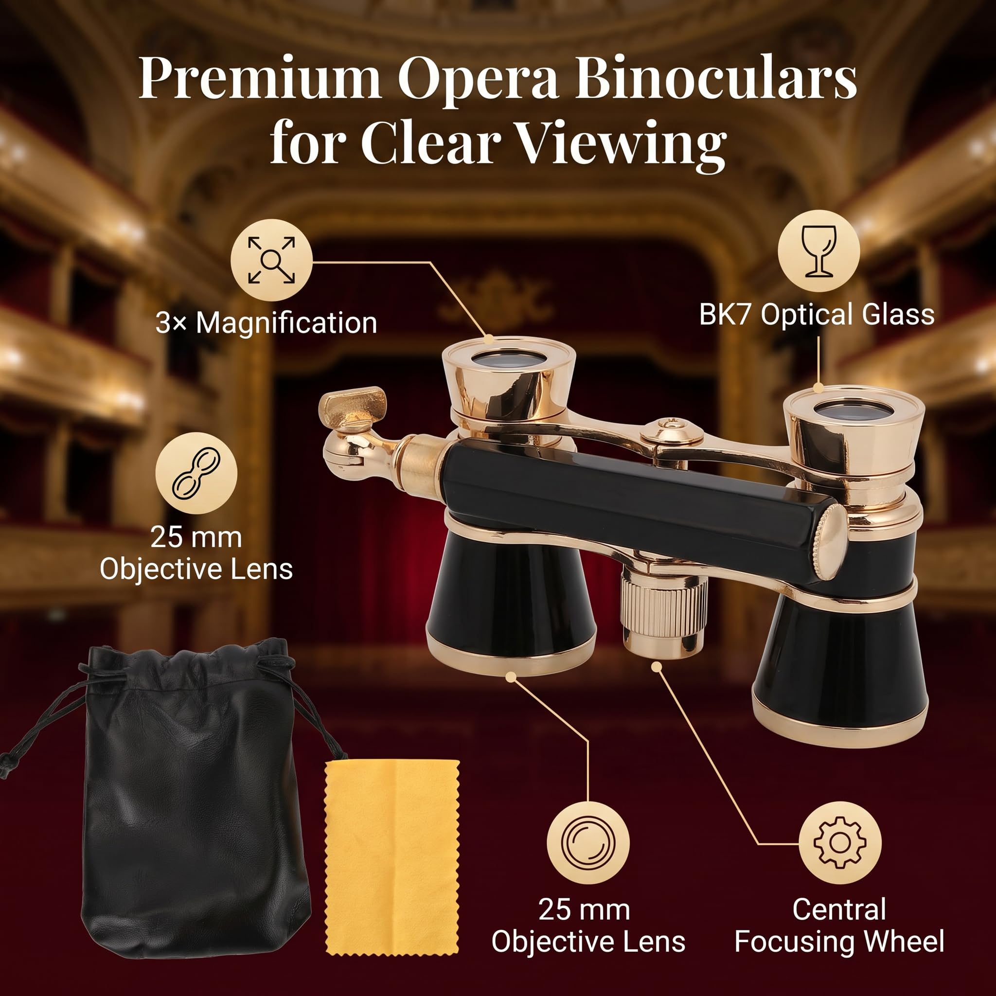 Lornetka do Opery, 3X25 Opera Lornetka Teleskopowa Teatr Przenośny Teleskop Teatr Okulary Operowe Lornetki dla Kobiet Dziewcząt Dzieci (BLACK)