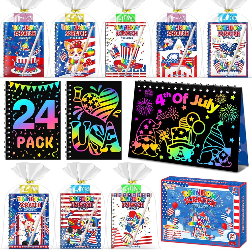 FEREDO KIDS Party Favors for Kids: 24 Pack 4th of July Rainbow Scratch Art Notebook Classroom Supplies Bulk for Girls Boys Goodie Bags Stuffers, Independence Day Party Gift Kid Crafts