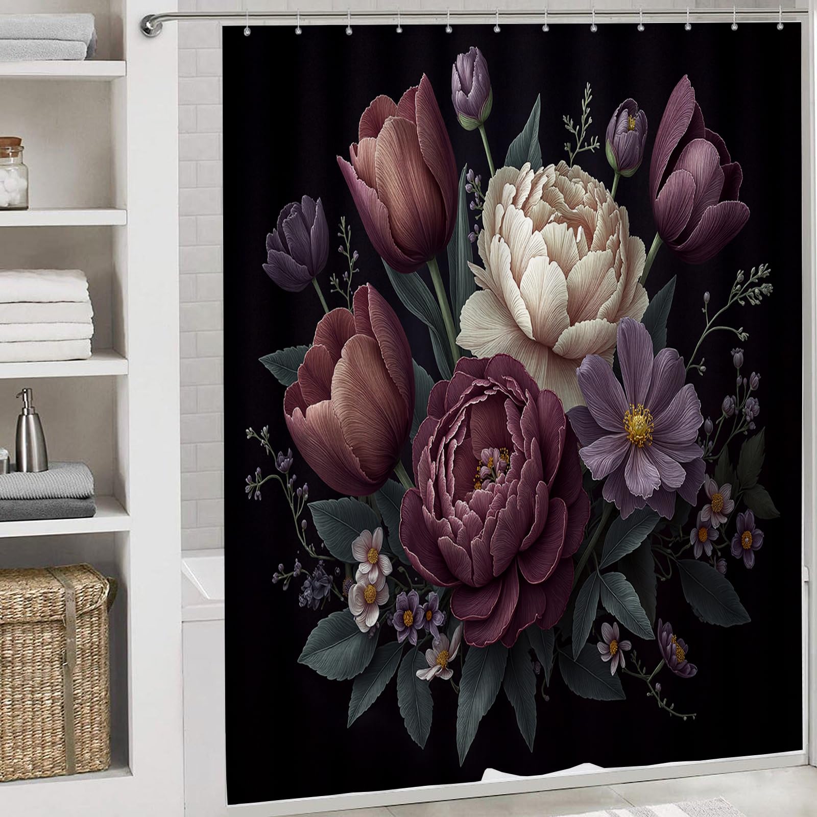 Rideau Douche,Rideau Baignoire Lavable en Machine Rideaux Douche Tissus Lavable Rideau De Baignoire Lavable pour Salle De Bain Domicile Baignoire Famille,Tulipes Pivoines,