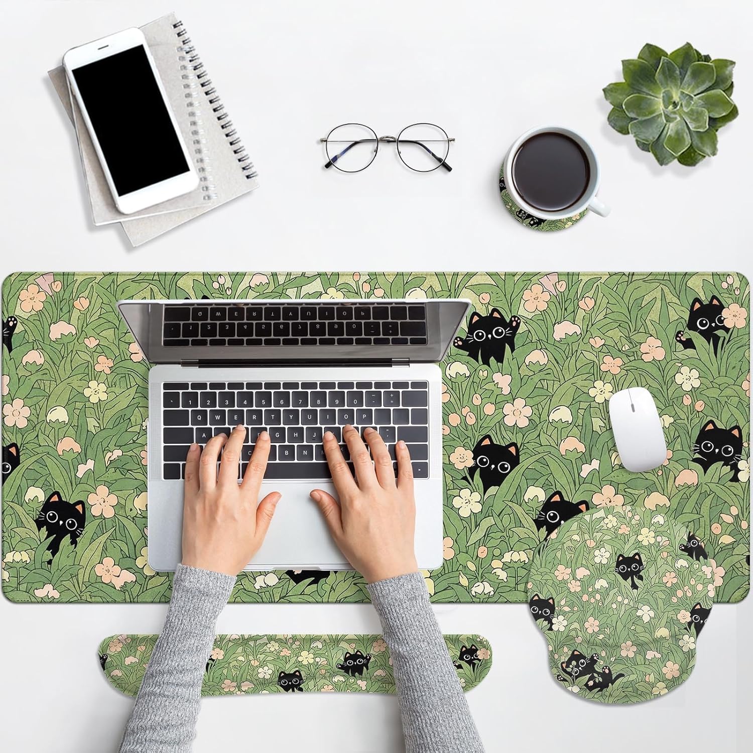 Arttown Cute Black Cat Desk Mat Pink Flower Green Leaves Mouse Pad Set 4 in 1 Ergonomic Design Large Desk Pad + Keyboard Wrist Rest + Mouse Wrist Rest + Coaster Suitable for Home Office Study Game