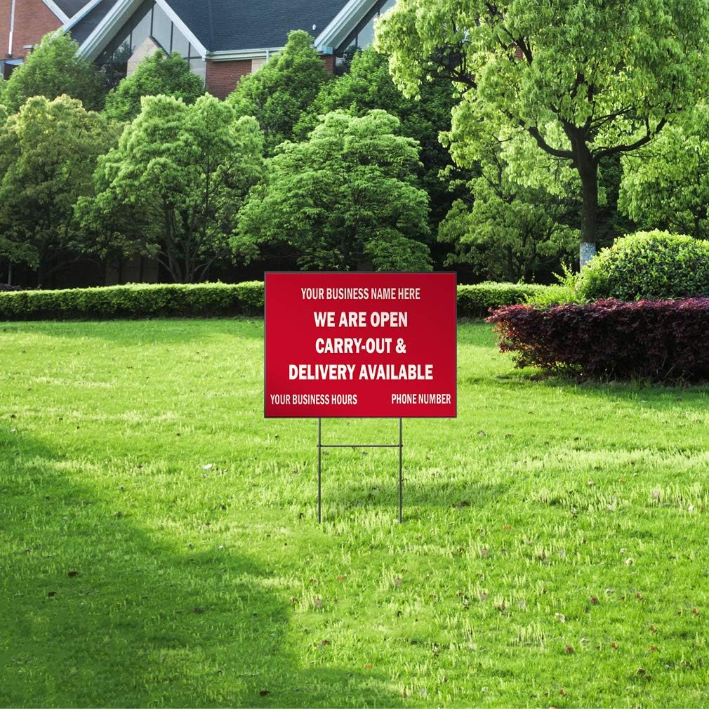 Fastasticdeals Weatherproof Yard Sign We are Open Carry-Out & Delivery Available Cafe Restaurant Drive Thru Open Lawn Garden Sign 18x12 Inches 1 Side Print Personalized Text Here