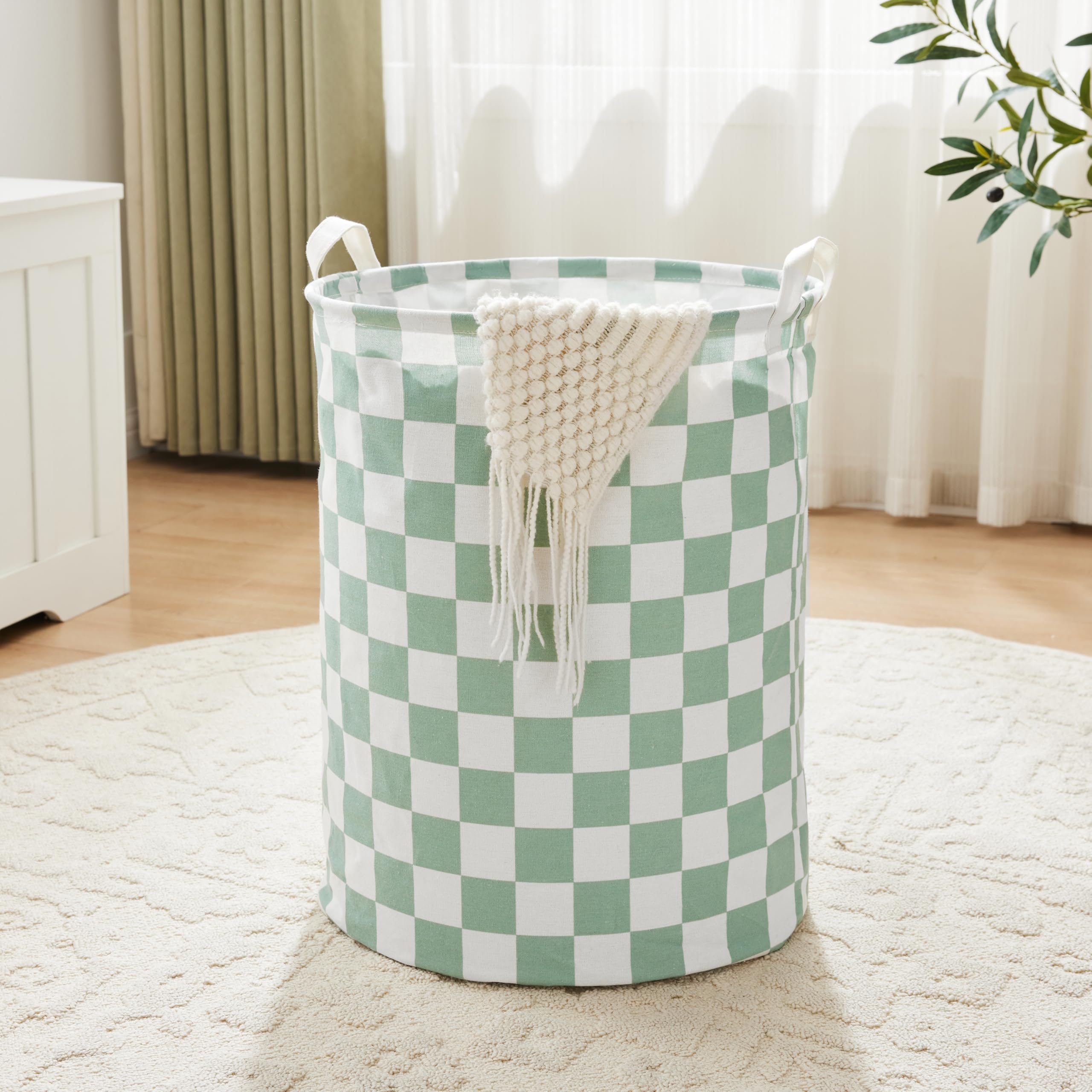Sage Green Checkered Laundry Basket, Collapsible Aesthetic Cute Canvas Organizer Hamper Basket for Storage, Toy Bins, Bedroom Clothes, Children Nursery, Gift Basket