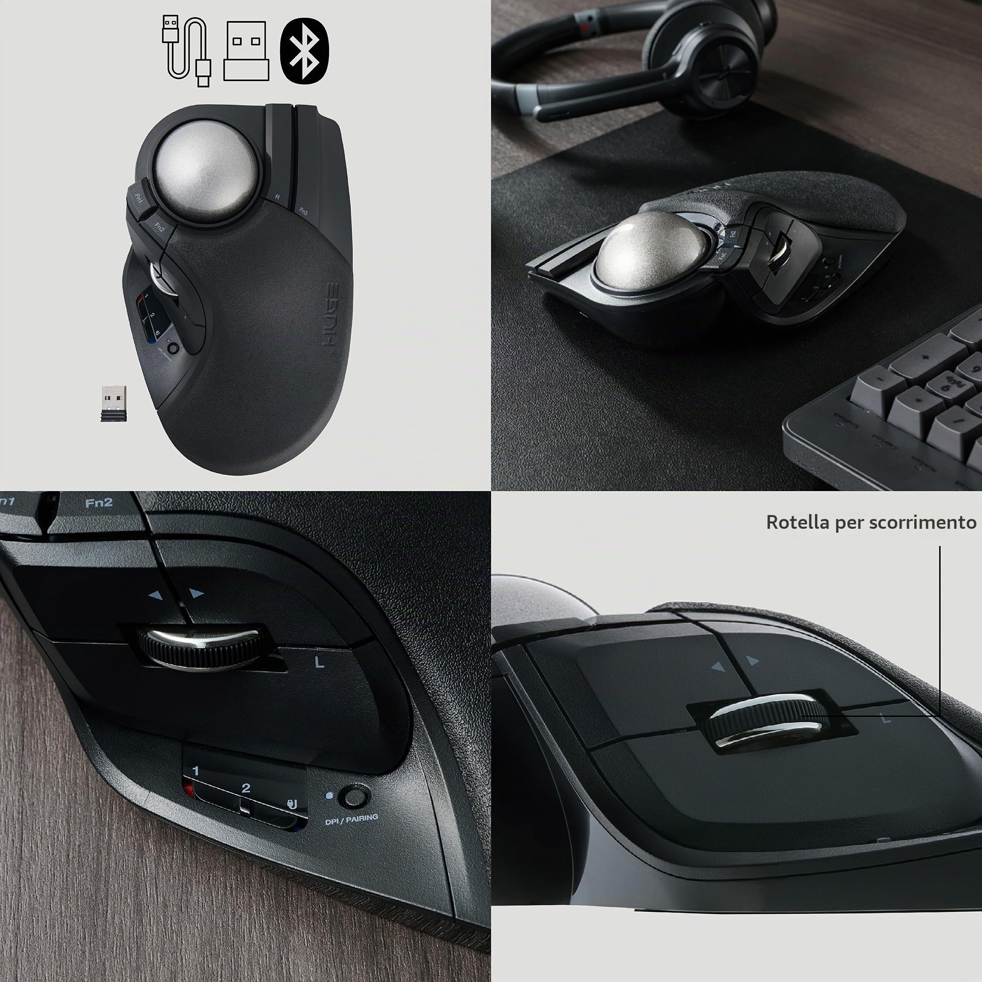 ELECOM Huge Plus - Mouse trackball wireless, ergonomico, palla grande da 52 mm, multi-connessione, Bluetooth, 2,4 GHz, Wireless, cablato, 10 pulsanti programmabili, ricaricabile, clic silenziosi, per