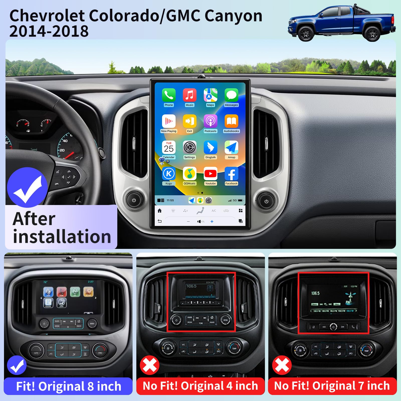 Qualcomm Car Radio Stereo for Chevrolet Colorado GMC Canyon 2015-2018 Replacement CarPlay Android Auto 14.4 Inch Vertical Screen Upgrade Tesla Style with DSP SWC Bluetooth Audio