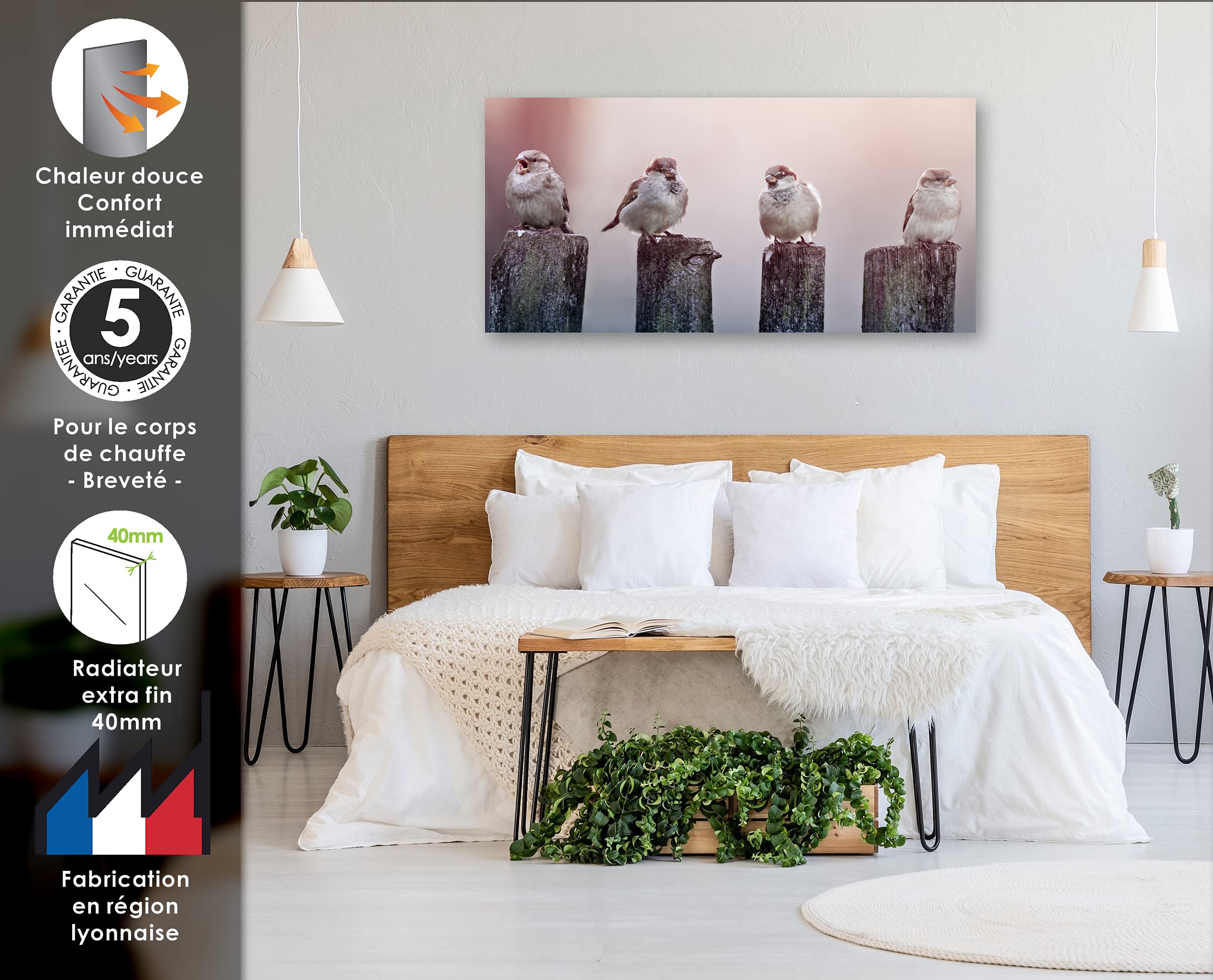ILO/Radiador eléctrico radiante soplador de pared / 1250 W / +28 diseños, diseño único/extra plano de cristal templado / IP44 / orientación vertical/programable, ecológico, silencioso/Francia/espejo