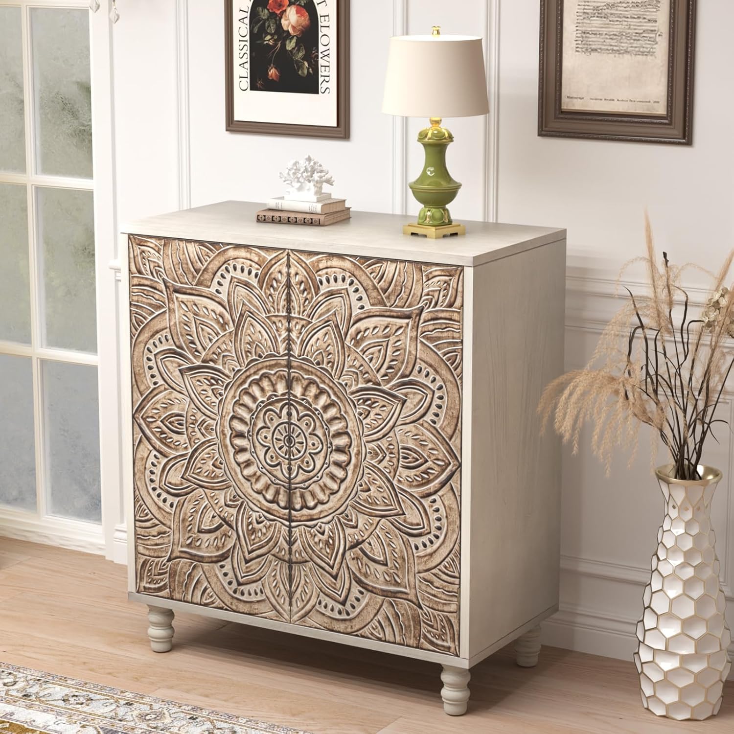 COSIEST 32" Vintage Sideboard Buffet Cabinet with Storage, Push-to-Open Doors, Lotus Pattern Gray MDF for Living Room Kitchen Hallway