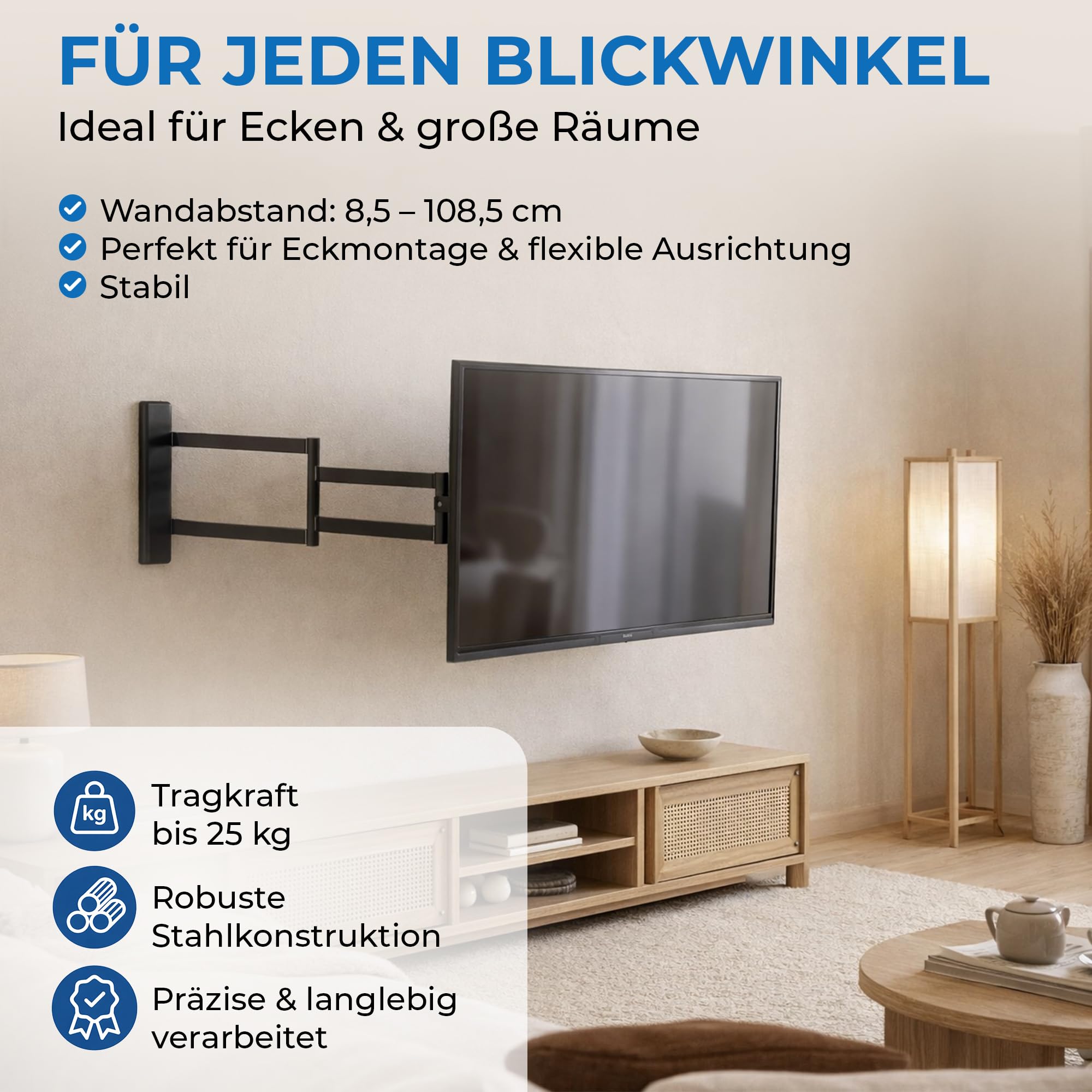 DQ Rotate XL 108,5 cm TV Wandhalterung mit extra langem Schwenkarm 50 Zoll Biz 75 Zoll – dreh-, neig- & rotierbar bis 108,5 cm Auszug, 25 kg Traglast, VESA bis 200x200 mm, Wandhalterung TV