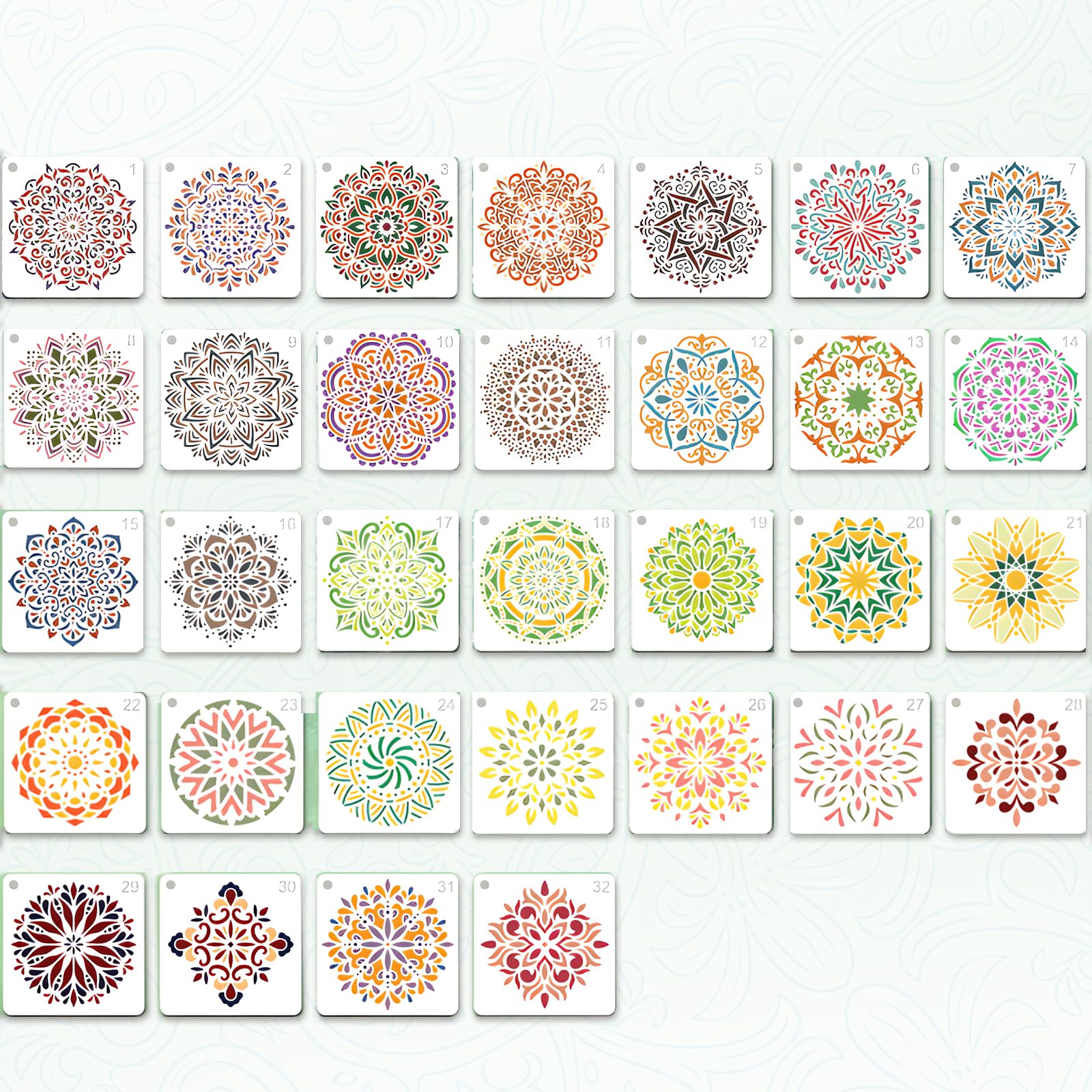 32 Pcs Mandala Stencil Set 12 x 12 cm PET Painting Templates for DIY Crafts Furniture Textile Design Scrapbooking Wood Fabric and Creative Projects with Hanging Hole