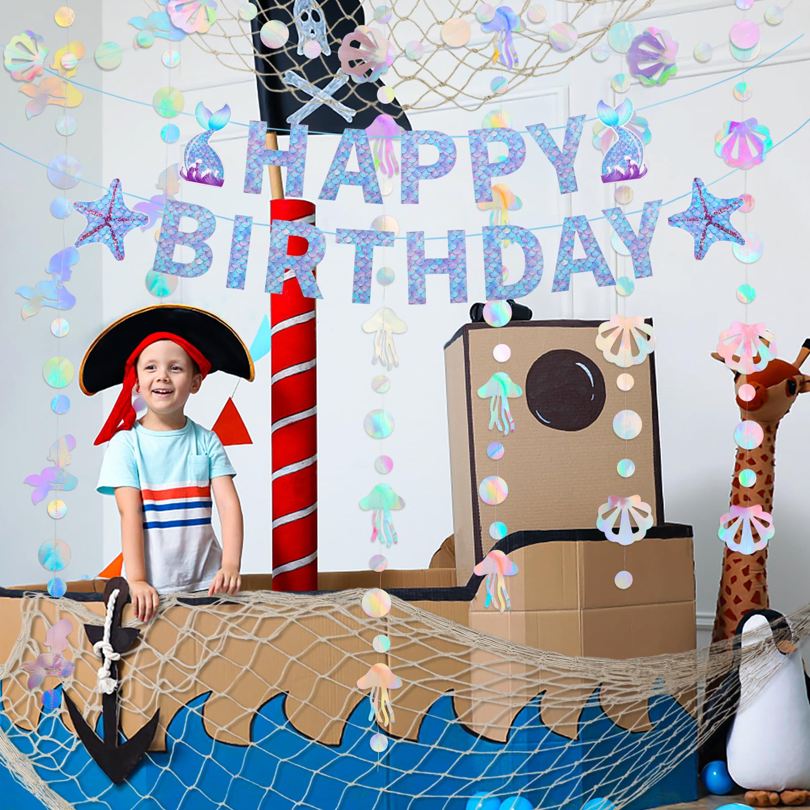 Decorazione per Compleanno a Forma di Sirena - Ghirlanda Iridescente Olografica, Carta Streamer, Mondo Subacqueo, Happy Birthday Banner - Tema Mermaid per Bambini