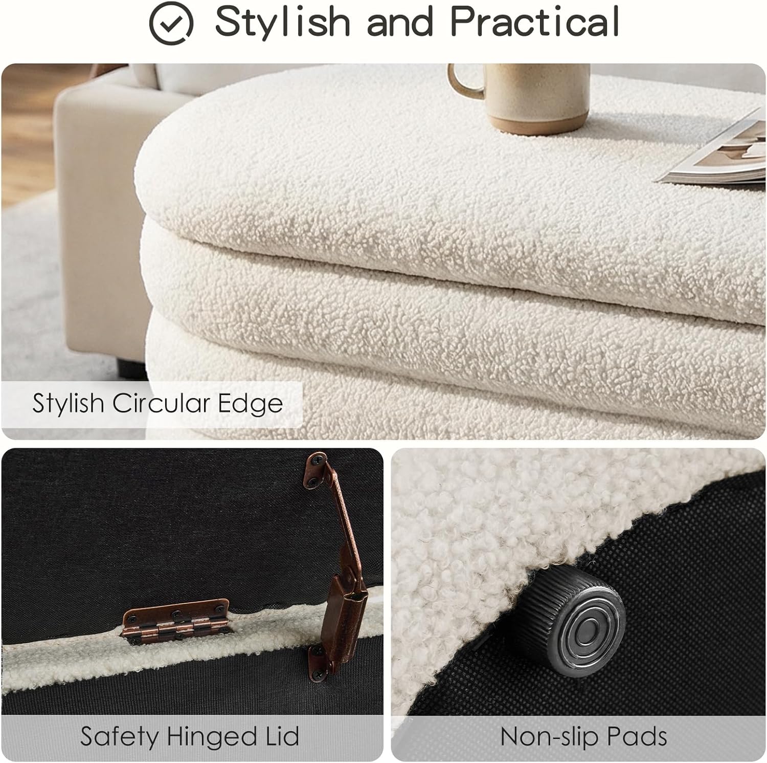 Furniliving Storage Ottoman Bench, 45'' Upholstered Boucle Ottoman with Storage, Aesthetic Bedroom Bench for Living Room Entryway, Beige