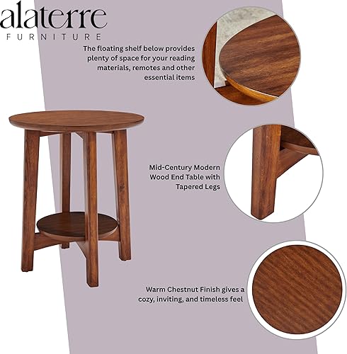 Miniatura 4 de Monterey - Mesa auxiliar redonda de madera moderna de mediados de siglo de 20 pulgadas, castaño cálido