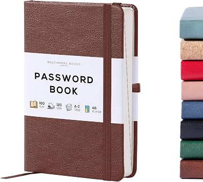 Beechmore Books A6 Password Keeper Book with Alphabetical Tabs - 4.1x5.8" Vegan Leather Hardcover Passcode Book with 120gsm Pages for Internet Log In, Usernames - Password Manager Notebook with Box Chestnut Brown