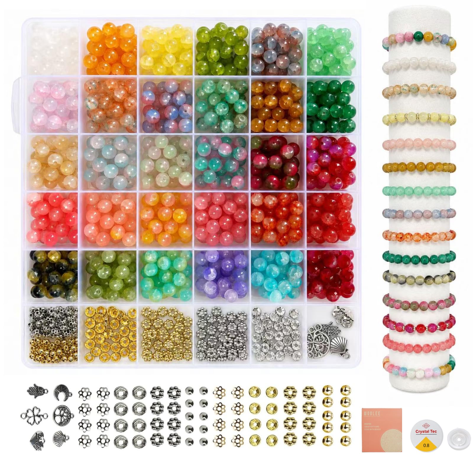 1000Pcs+ Gradient Patterns Glass Beads Bracelet Making Kit, 30 Colors 8MM Crystal Round Glass Beads Jewelry Making kit. Bracelet, Necklace, Earrings and Phone Lanyard DIY Craft Set, Gift for Girls