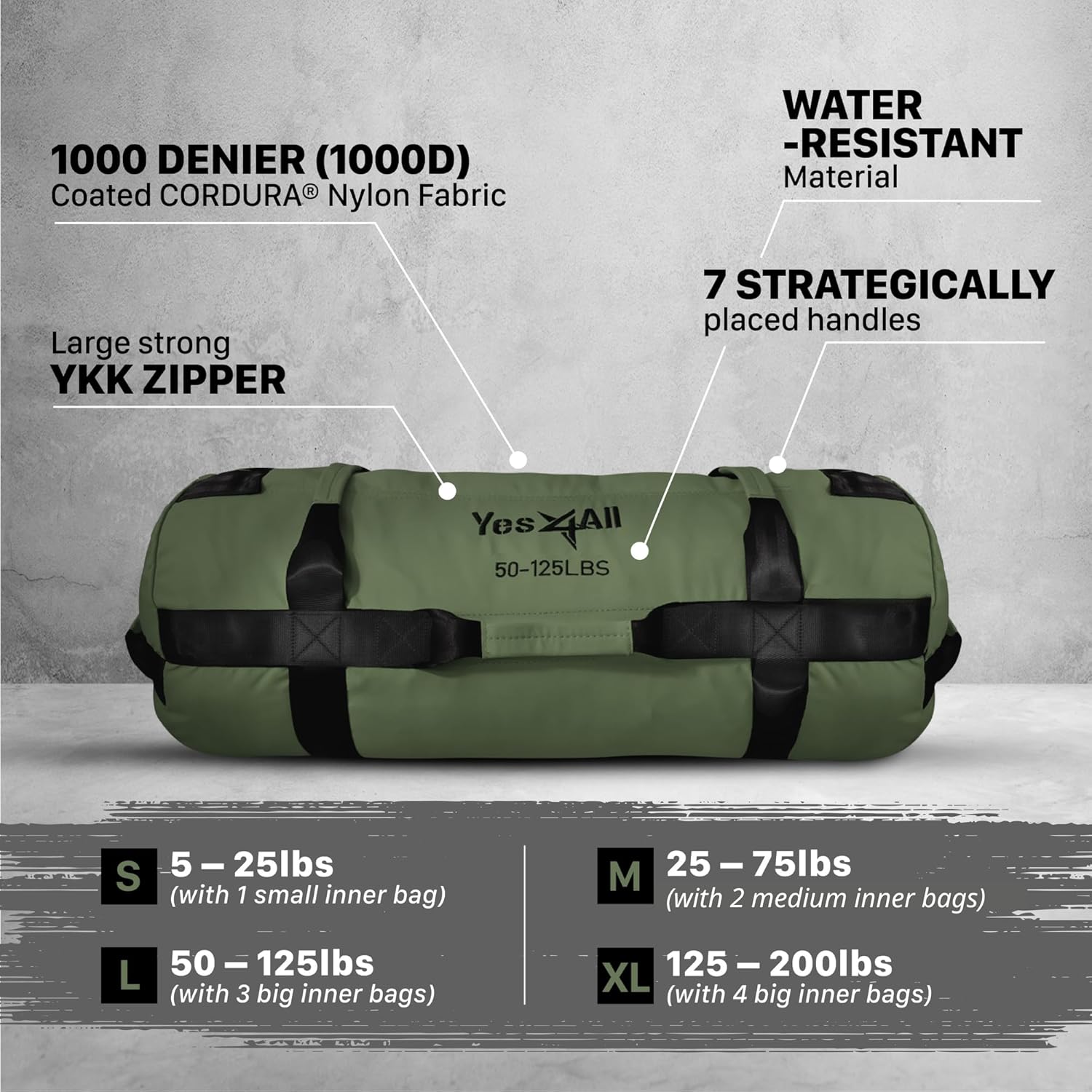 Yes4All Sandbags for Working Out, Adjustable Sand Bags for Weight Training with Handles, Combo Army Green (M + L)