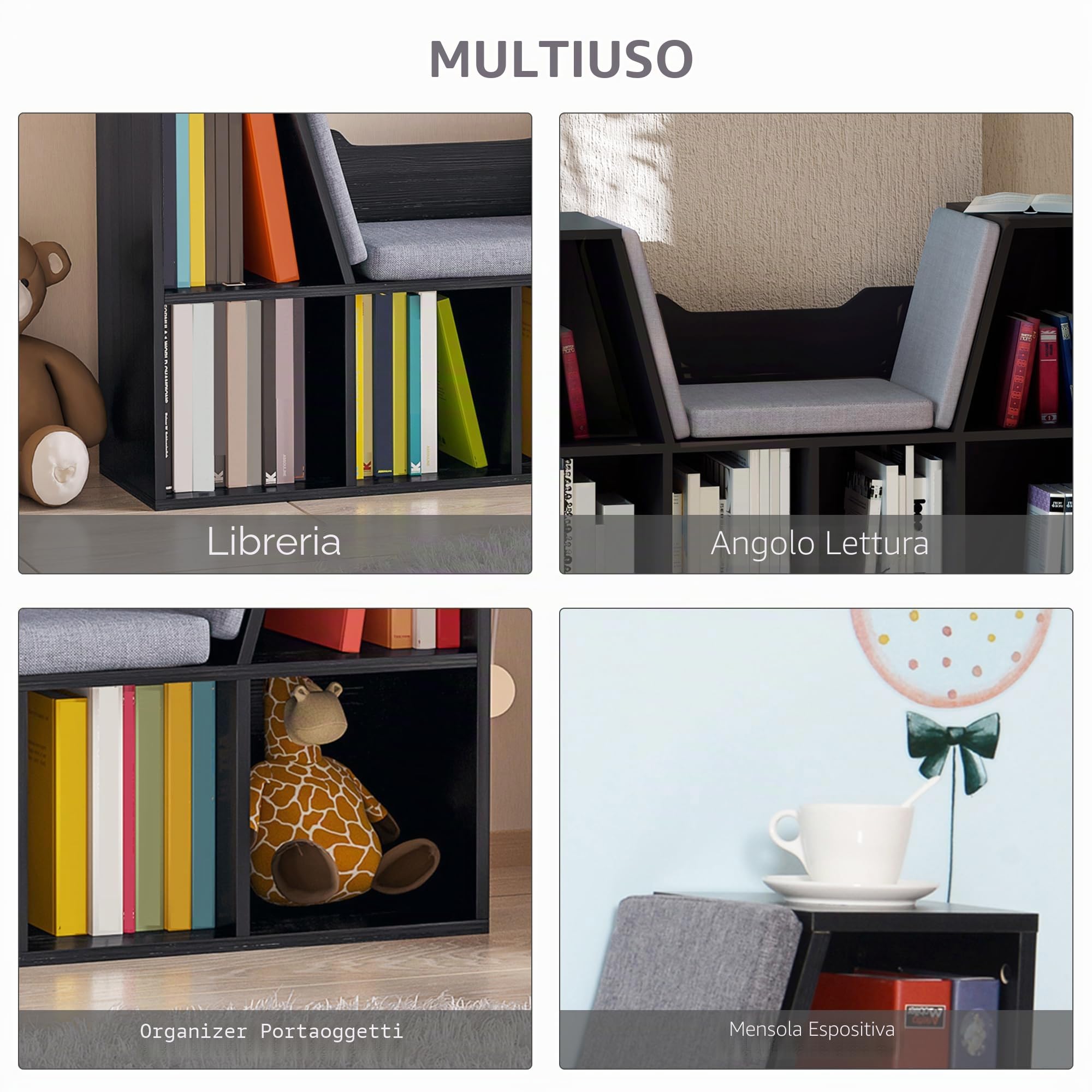 HOMCOM Biblioteca Panca 2 in 1 con cuscini per sedile, mensola a cubo 6 scomparti aperti e 2 livelli, mobile portaoggetti per soggiorno, camera da letto, ufficio, 102 x 30 x 61 cm, nero