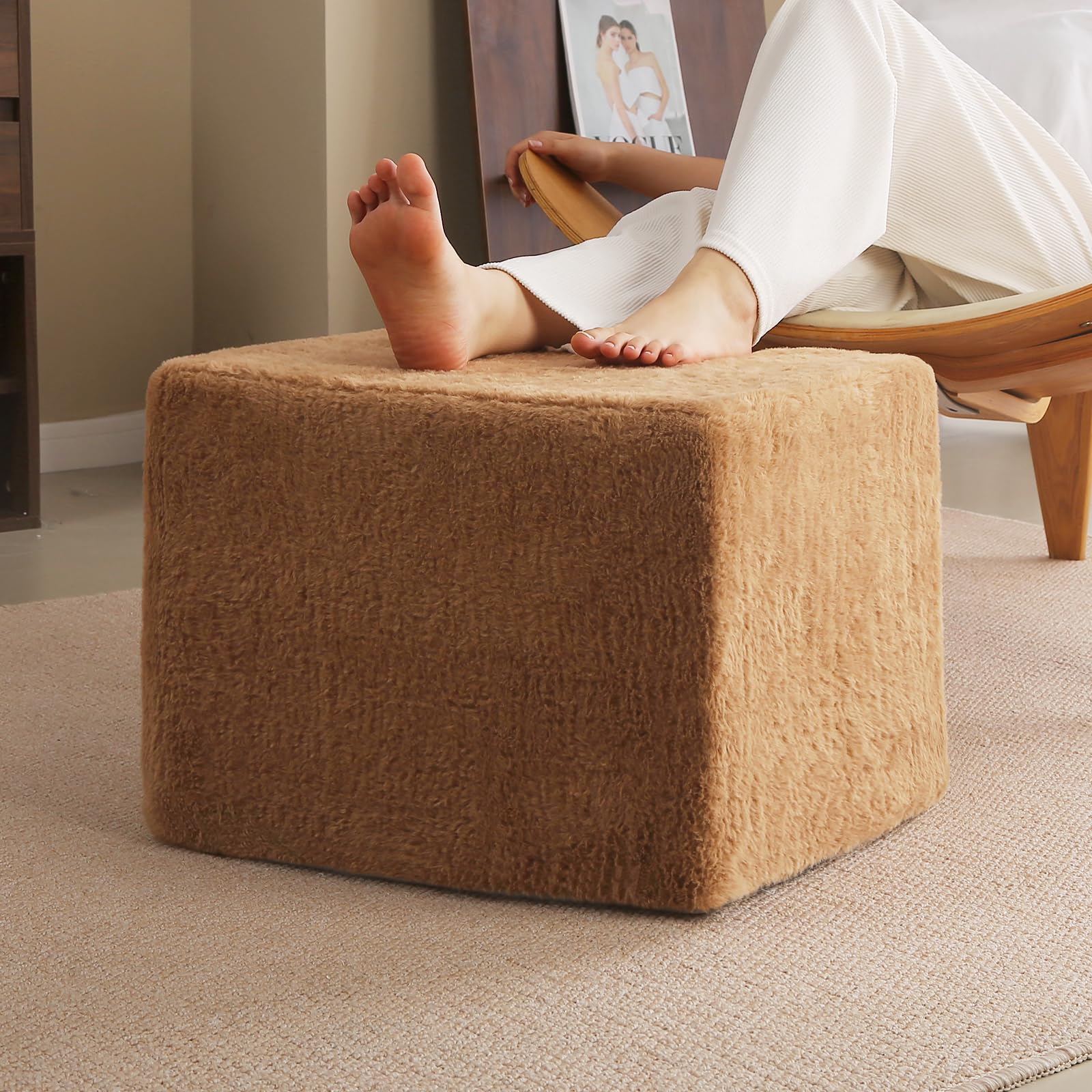 Tiita Pouf Ottoman and Foot Rest, Square Foam Stuffed Floor Pouf with Storag for Living Room, Brown