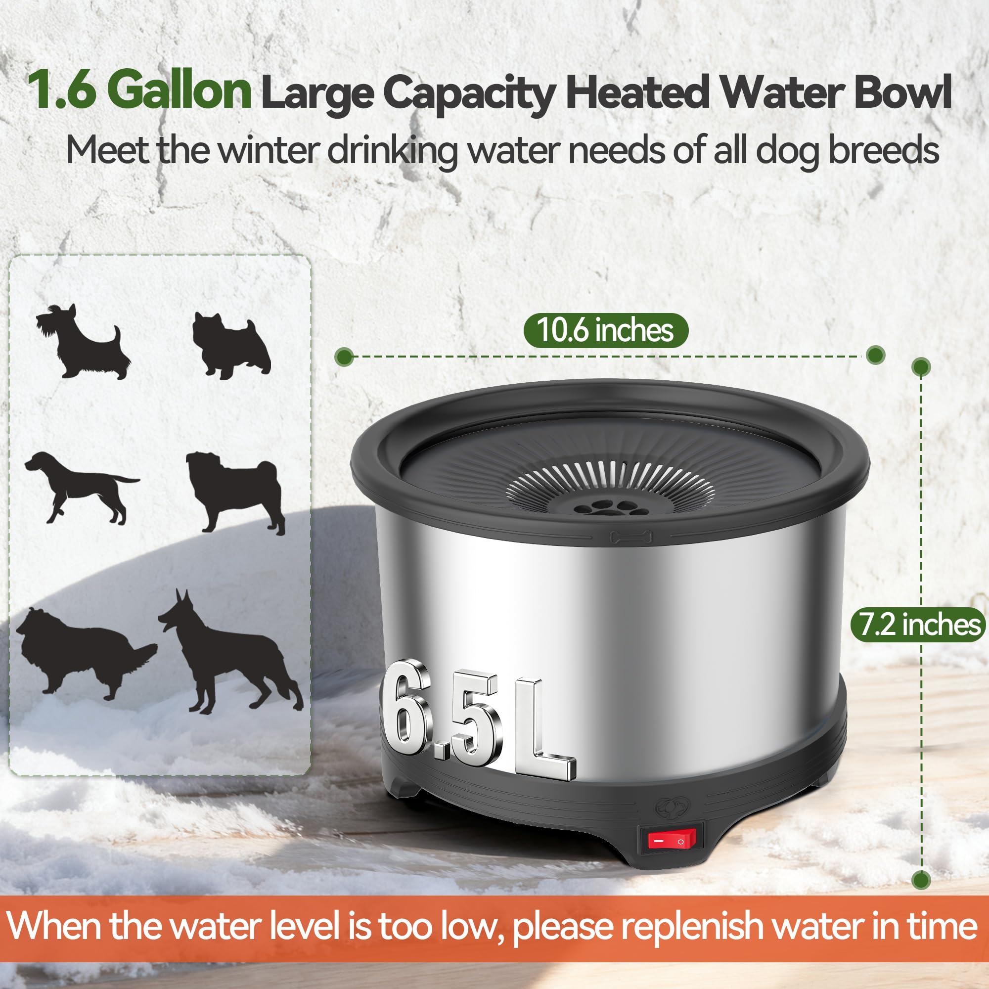 Cuenco térmico para perros de 6,5 L, cuenco de agua caliente de acero inoxidable para exteriores | Gran capacidad, diseño de bebida lenta, agua tibia para perros en invierno, control de termostato, cuenco sin congelación