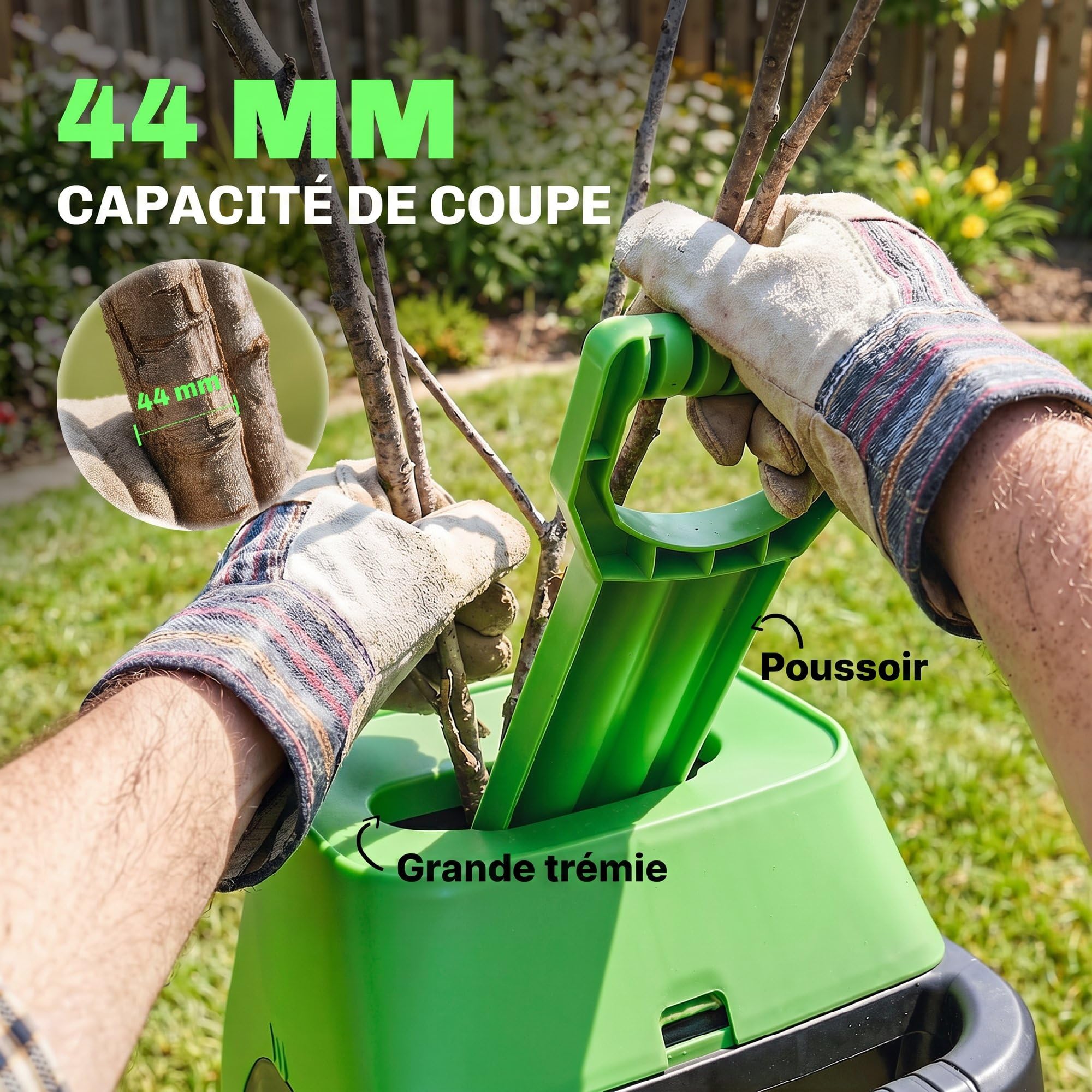 Outsunny Broyeur de Végétaux Électrique 2500 W, Sac de Collecte 45L, 4300 tr/min, 2 Lames en Acier, Poussoir, Roues, Broyeur de Branches pour Coupe de Branches 44mm, Vert