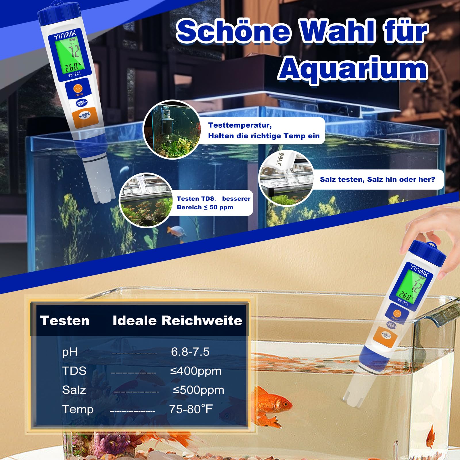 7 in 1 pH Messgerät Wasser, Pool Chlor Messgerät, Digitales pH Salzgehalt Messgerät, pH Leitfähigkeit Messgerät für Hydrokultur, YINMIK pH Chlor Salz EC TDS ORP Temp Messgerät für Aquarium Trinkwasser