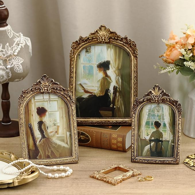 3 Pcs Vintage Picture Frames Antique Set Baroque Ornate Gold Arched Photo Frames with Glass Front for 4x6, 5x7, 6x8, Tabletop or Wall for Home Decor Photography Props Gifts(Elegant)