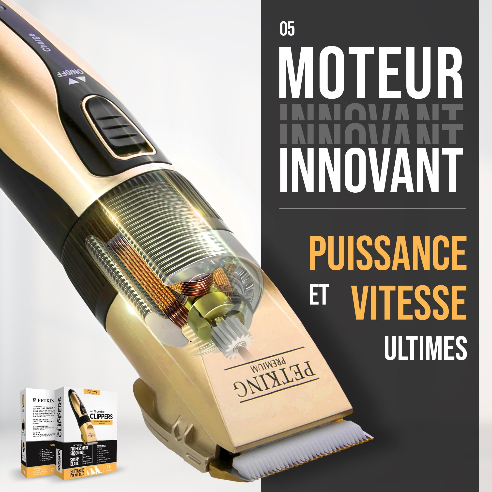 PetKing Premium Tondeuse pour Chiens, Kit de Toilettage Professionnel pour Pelages épais, Compatible Avec les Chiens et les chats. Tondeuse Sans fil et Silencieuse, Idéale pour les Chien et les Chats
