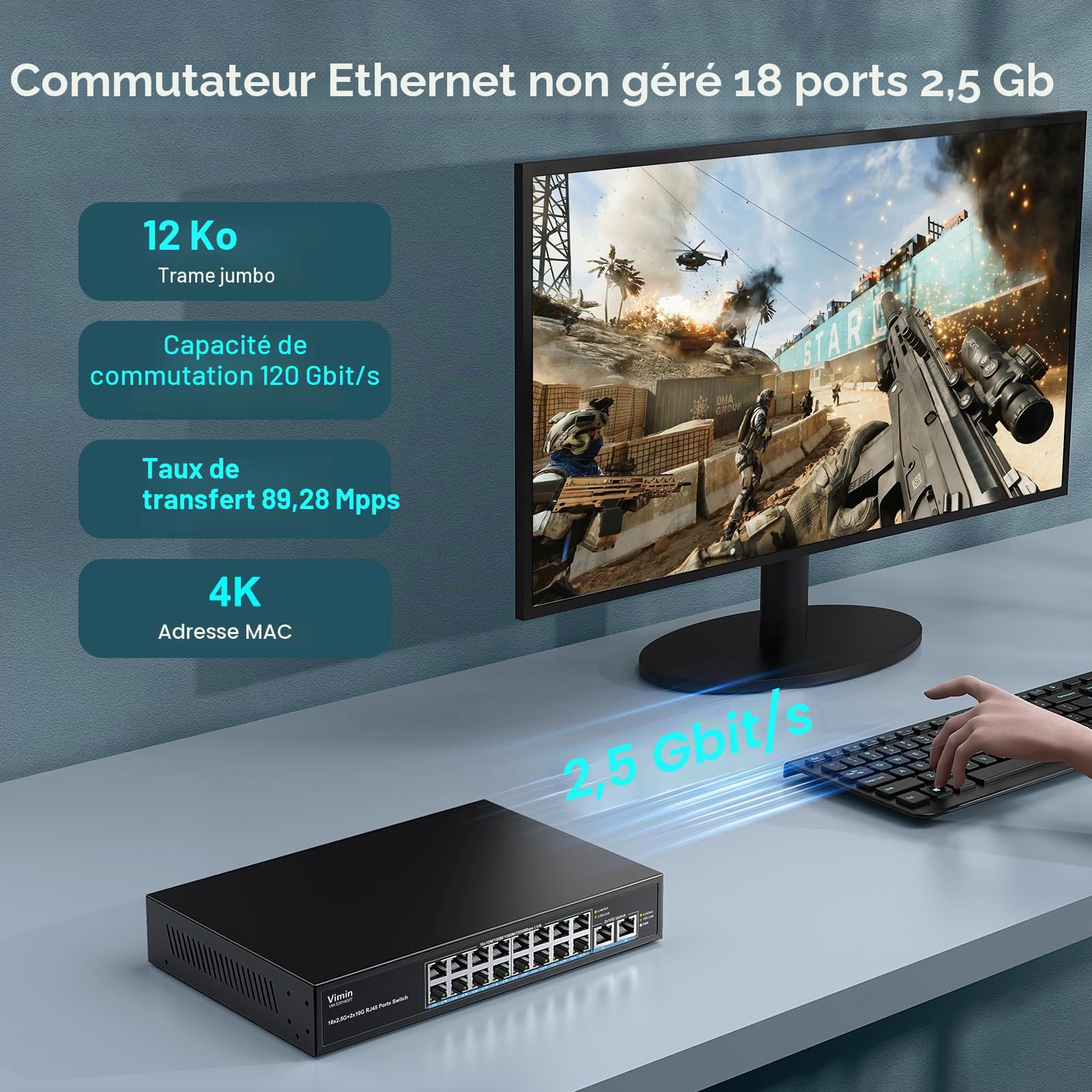 Switch Ethernet 16 Ports 2,5G + 2 Port 10GBASE-T, Vimin 16X 2,5G+2 Ports RJ45 10Gb Switch Non Géré, 2.5G Switch Capacité 120Gbit/s, Commutateur 2,5G/10G Réseau de Bureau/Mural pour NAS, PC, AP