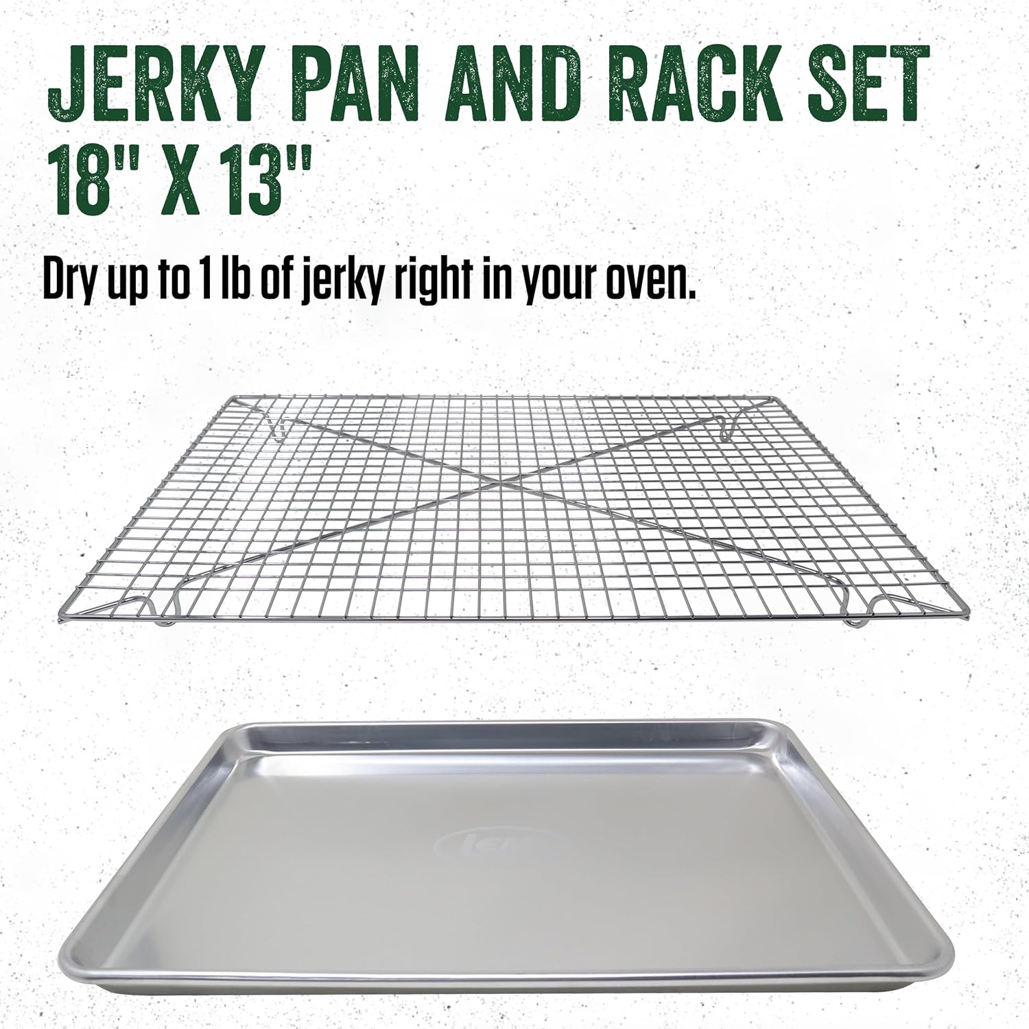 LEM Products 18” by 13” Jerky Pan and Rack Set, Prepare and Make Jerky, Stainless Steel Rack and Chrome Plated Aluminum Pan for Baking and Cooling