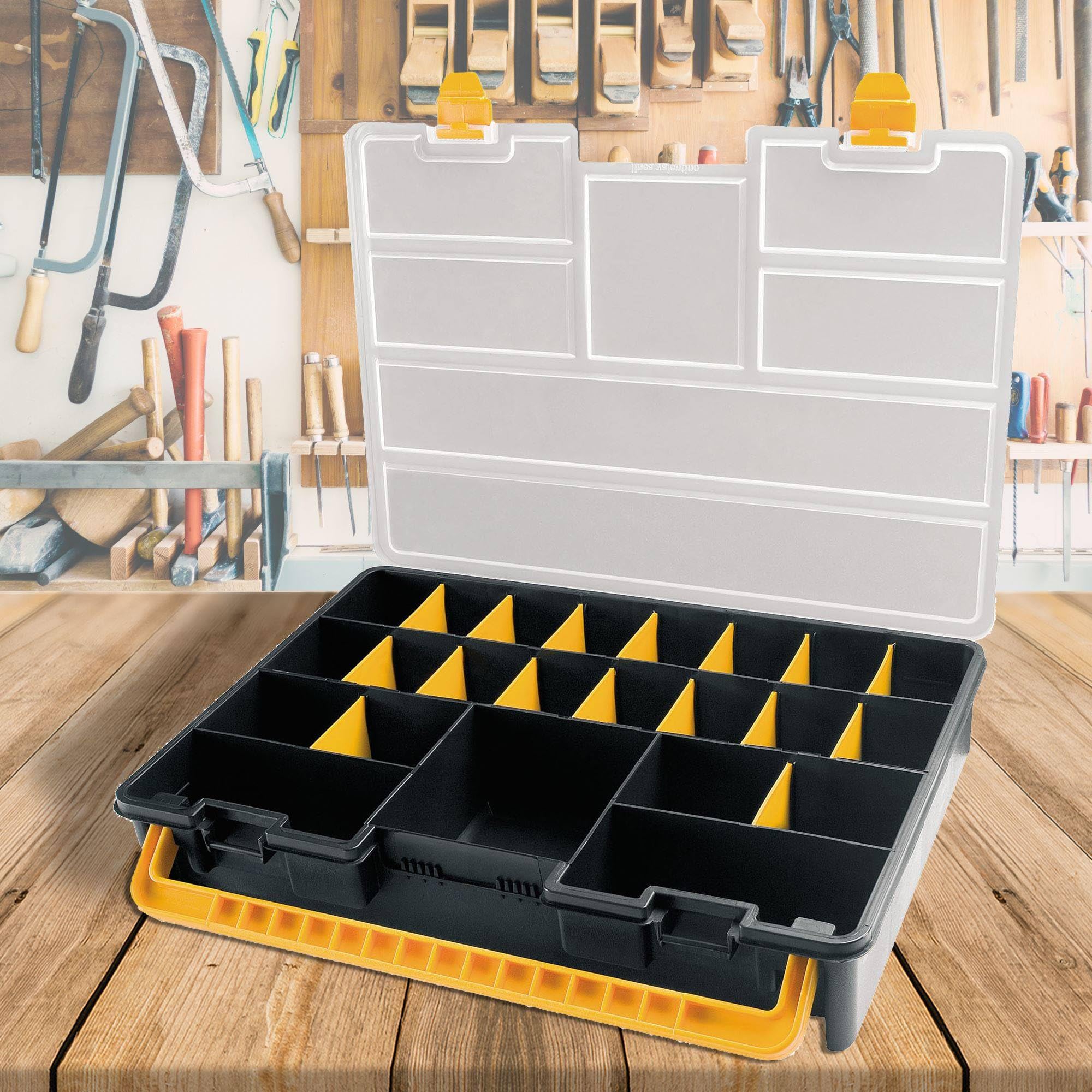 Organizer z tworzywa sztucznego 44,3 x 31,7 x 8 cm ze zdejmowanymi przegrodami, przezroczysta pokrywa