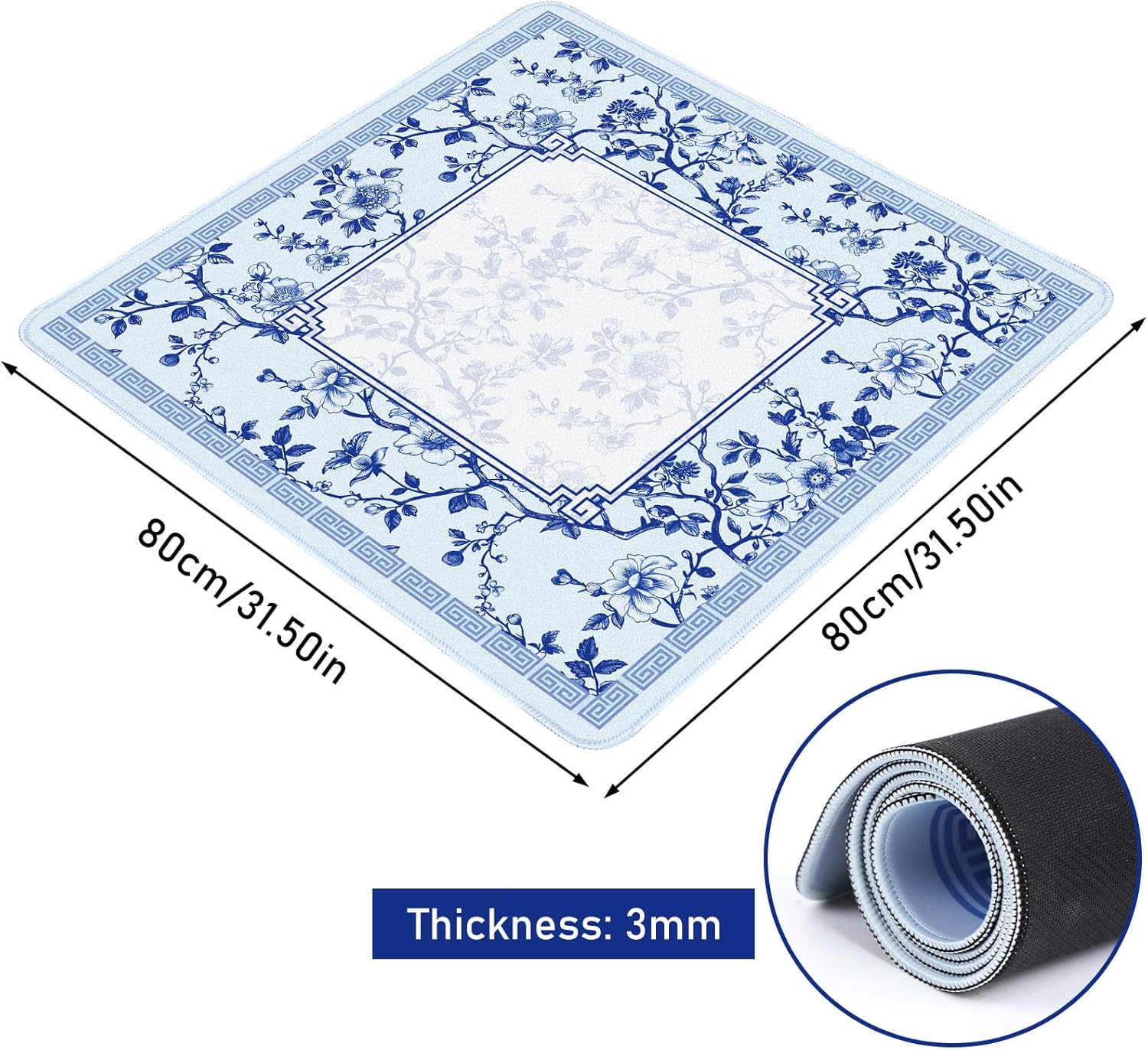 Chinoiserie Mahjong Mat for Table - Blue White Flower Rubber Mahjong Mat 31.5"X31.5" with Carrying Bag, Anti Slip Noise-Reducing Mah Jongg Table Cover for Cards Tile Games Board Games