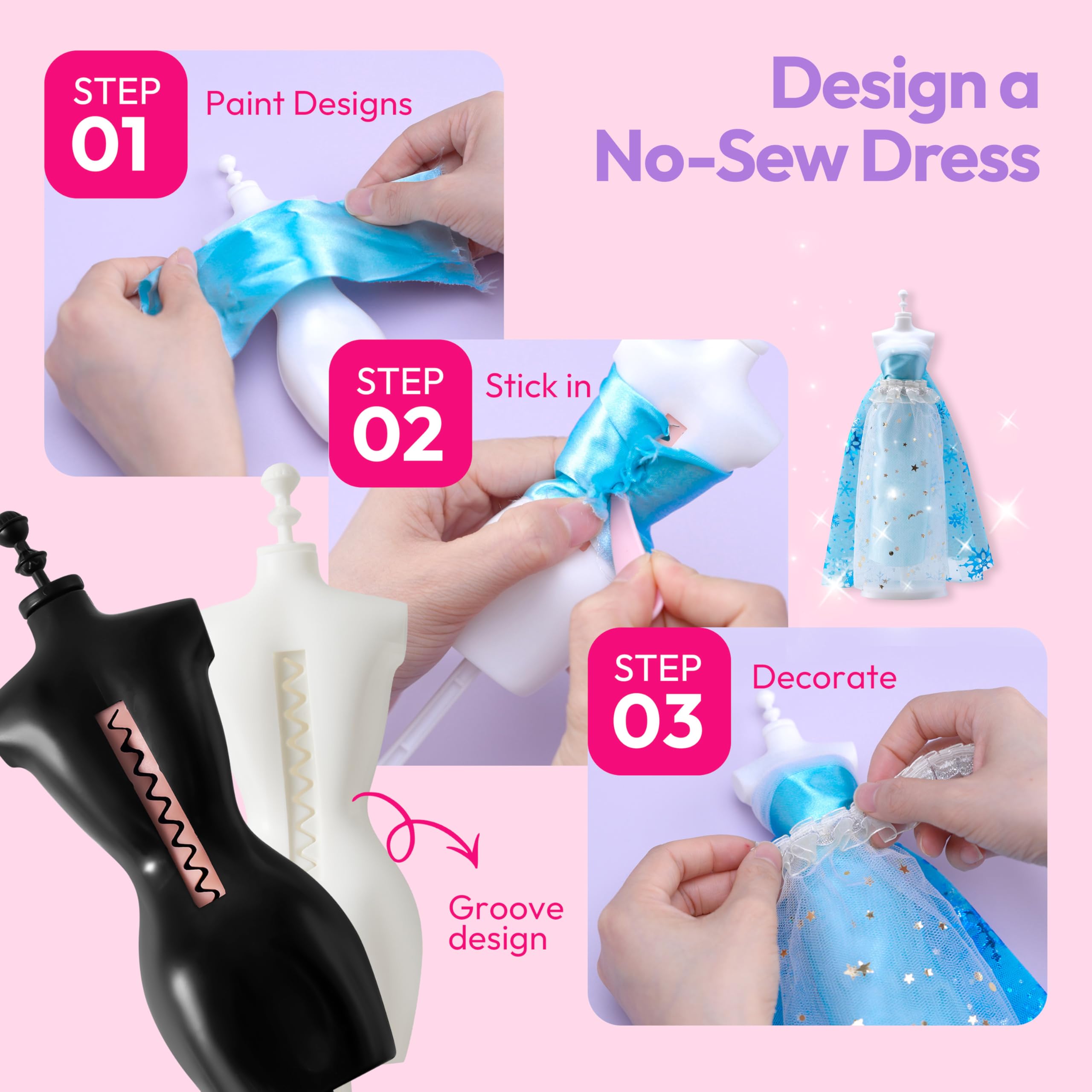 Klever Kits 400+ Stücke Modedesign Mädchen,Fashion Design Basteln Mädchen Nähset Set mit 3 Mannequins,Geschenke Mädchen 8 9 10 11 12+Jahre,Kreativ Set Bastelset für Kinder ab 8+ Jahre