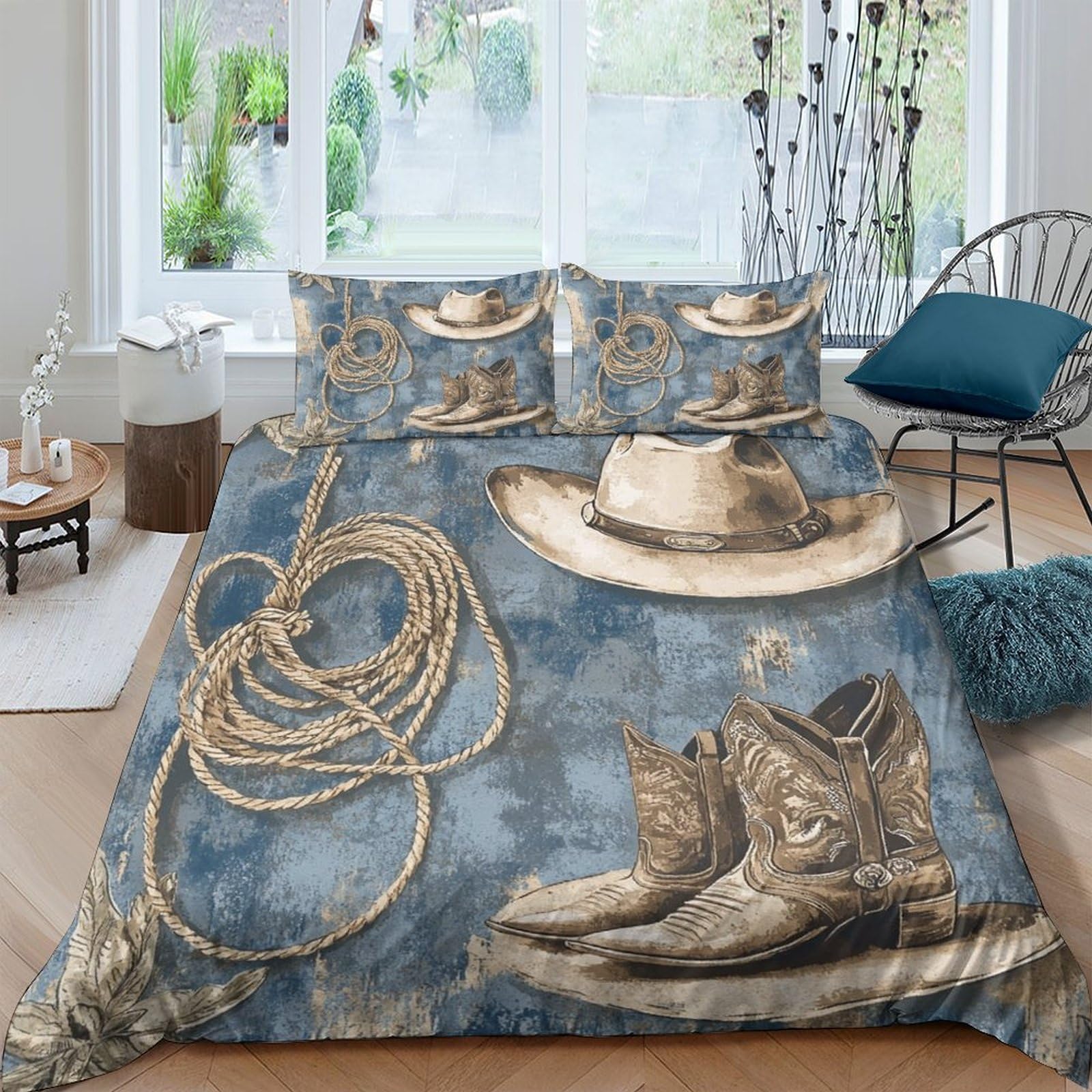 TUFRTGYHN 3D Printed Cowboy Hat Duvet Cover Microfiber Soft Breathable Western Boots Bedding Set with 2 Pillowcases for Bedroom Decor Single（135x200cm）