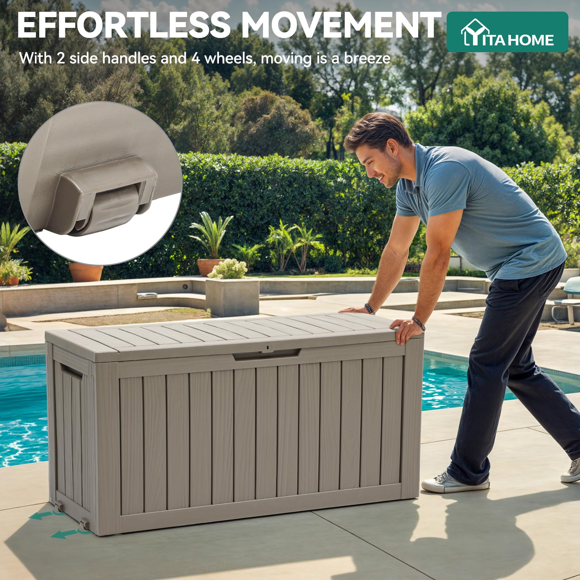 YITAHOME Outdoor-Aufbewahrungsbox mit Rollen, 270L Kunststoff-Gartenbox, Wetterfeste Aufbewahrungskiste für Kissen, Werkzeug & Poolzubehör, Abschließbar, Holzoptik, 114,7 x 46,5 x 57,6 cm, Hellbraun