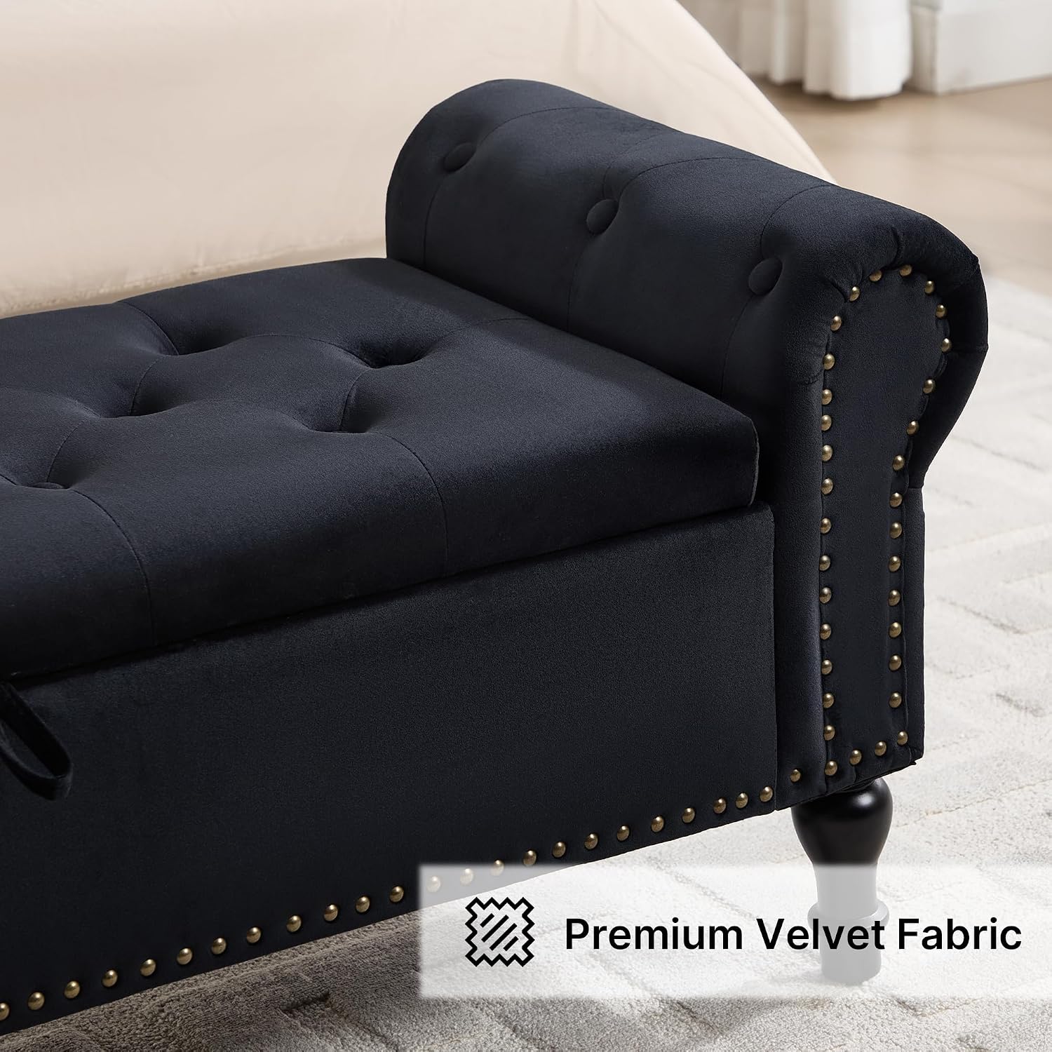 Storage Bench for Bedroom, 51" Upholstered End of Bed Bench, Velvet Queen Size Benches with Rolled Arms, Tufted Button Storage Long Ottoman, Living Room, Entryway, Black