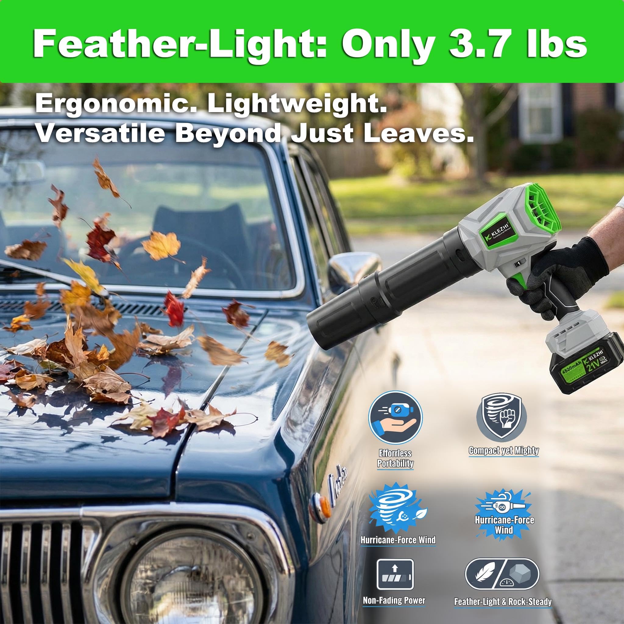 Soplador de hojas inalámbrico, velocidad de viento de 62 m/s, 395 CFM, soplador eléctrico de mano de empuje de 1500 G con 2 baterías de 3.0 Ah, modo de 6 velocidades, motor sin escobillas de 21 V para