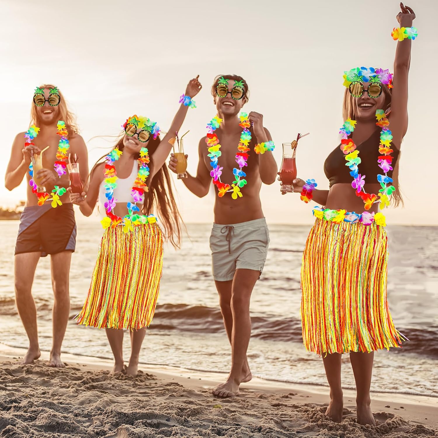 Didaey 6 Set 60 cm Hawaiian Luau Hula Grass Skirt Pineapple Sunglass Flowers for Holiday Hawaiian Christmas Party Cosplay