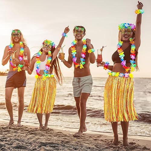Miniatura 5 de 6 juegos de falda hawaiana Luau Hula de hierba con piña, flores de sol para vacaciones, fiesta de verano hawaiana, cosplay