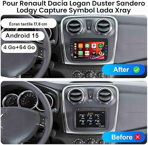 Android 15, 4G+64G GOHHDL Autoradio pour Renault Dacia Logan Duster Sandero Lodgy Capture Symbol Lada Xray avec Navi Carplay Android Auto, écran Voiture 7 Pouces avec GPS WiFi BT FM/RDS Caméra MIC - 3